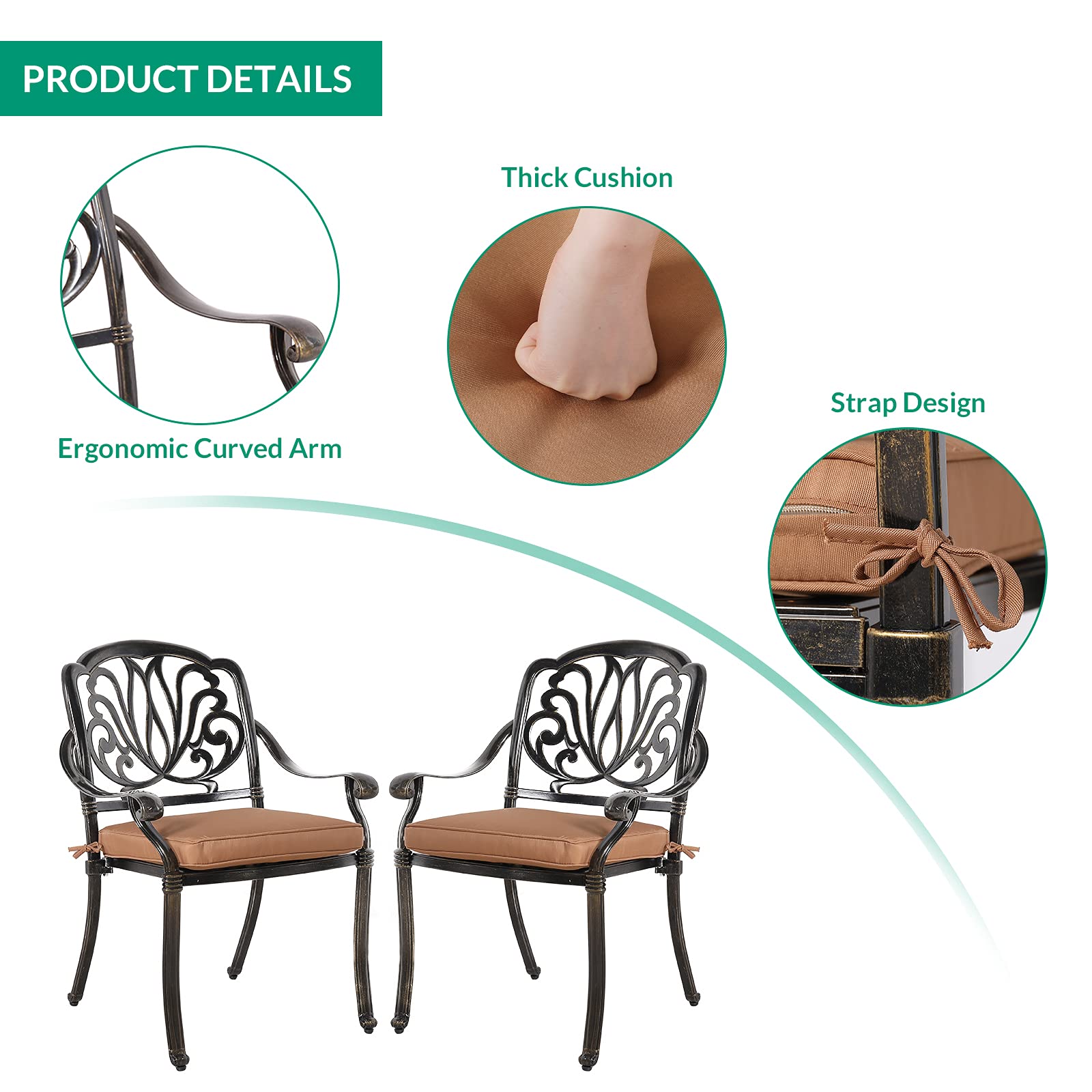VIVIJASON 2-Piece Outdoor Bistro Dining Chairs Set - All-Weather Cushioned Cast Aluminum Patio Chairs for Balcony, Garden, Backyard, Lawn - Antique Bronze Finish - Perfect for Outdoor Dining, Relaxing & Entertaining