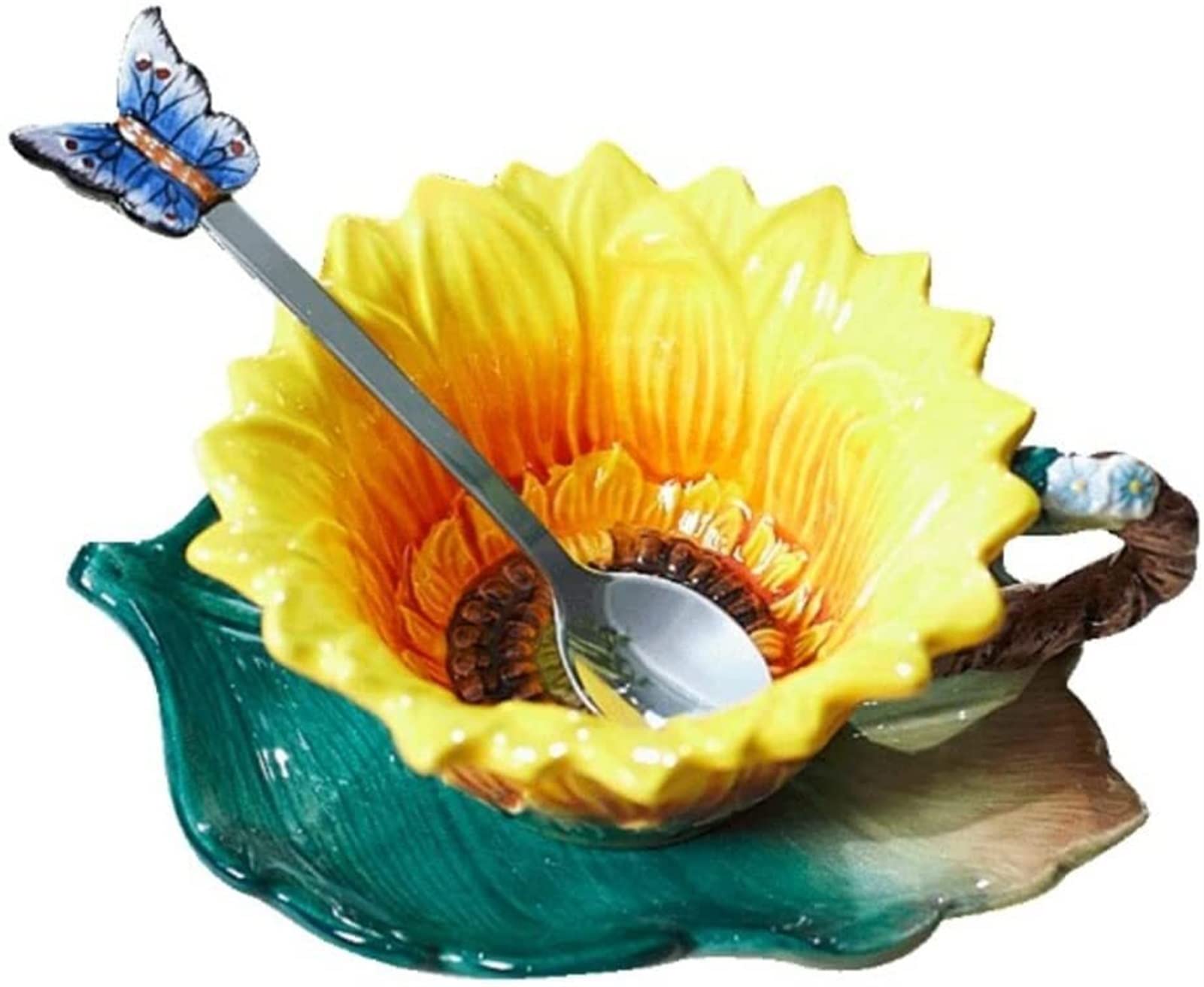 Sunflower Enamel Coffee Mug Set with Butterfly Spoon - 12oz Ceramic Tea Cup, Cute Home Decor Gift for Women, Birthday, Mother's Day - Perfect for Office, Kitchen & Coffee Lovers (Yellow, 1.8x2.2x4.7in)