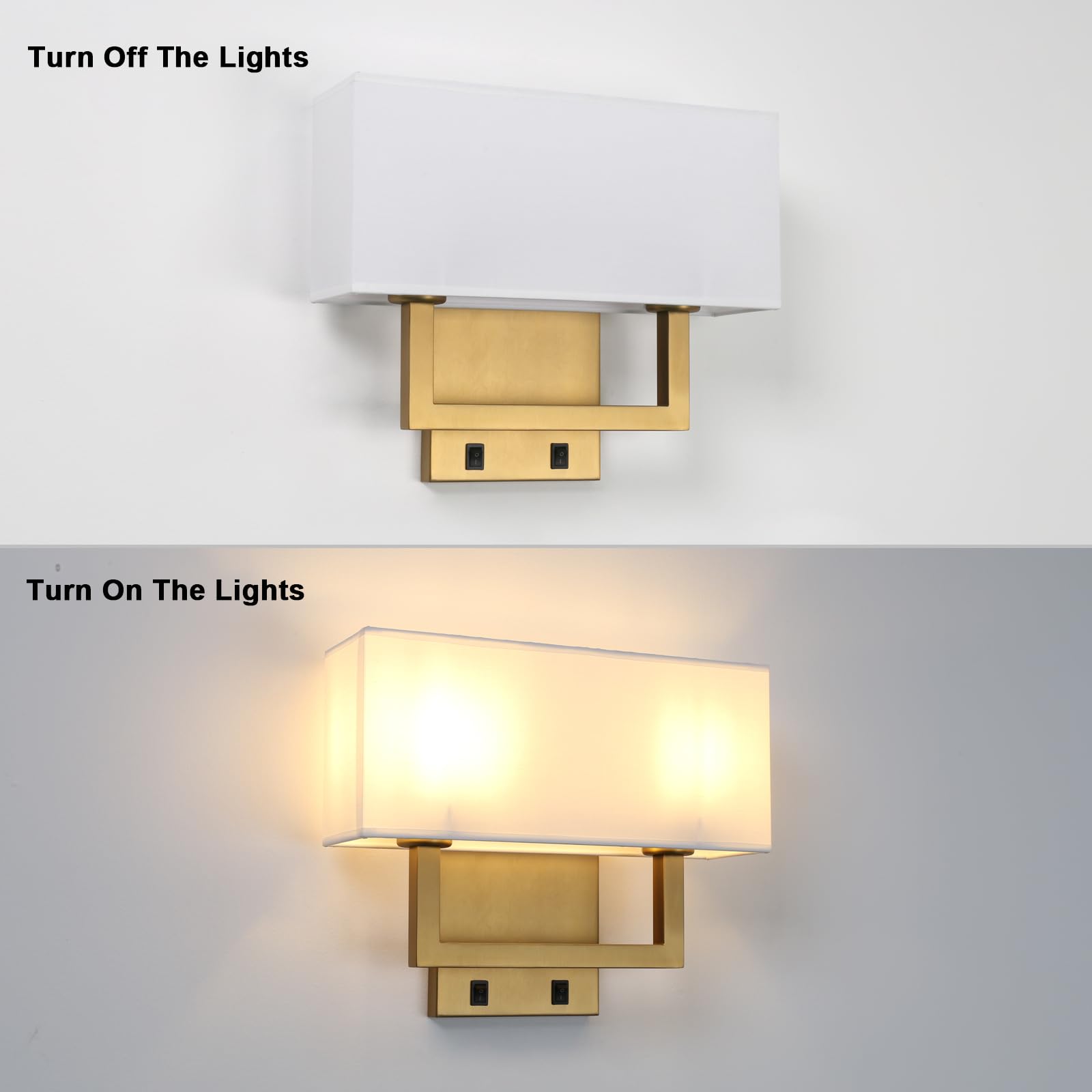 Yosoan Set of 2 Modern Boho Brass Wall Sconces with On/Off Switch - Vintage Industrial 2-Light Vanity Fixtures with White Fabric Shades - Perfect for Bedroom, Living Room, Hallway & Reading Nook (Antique Brass Finish)