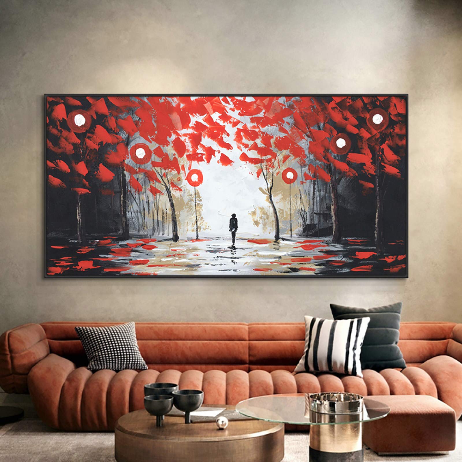 LIUQIANYU Hand Painted Abstract Tree Oil Painting on Canvas - Modern Red Leaves Wall Art for Living Room, Bedroom, Office | Perfect for Home Decor, Hotel Lobby & Hallway (2-Piece Set)