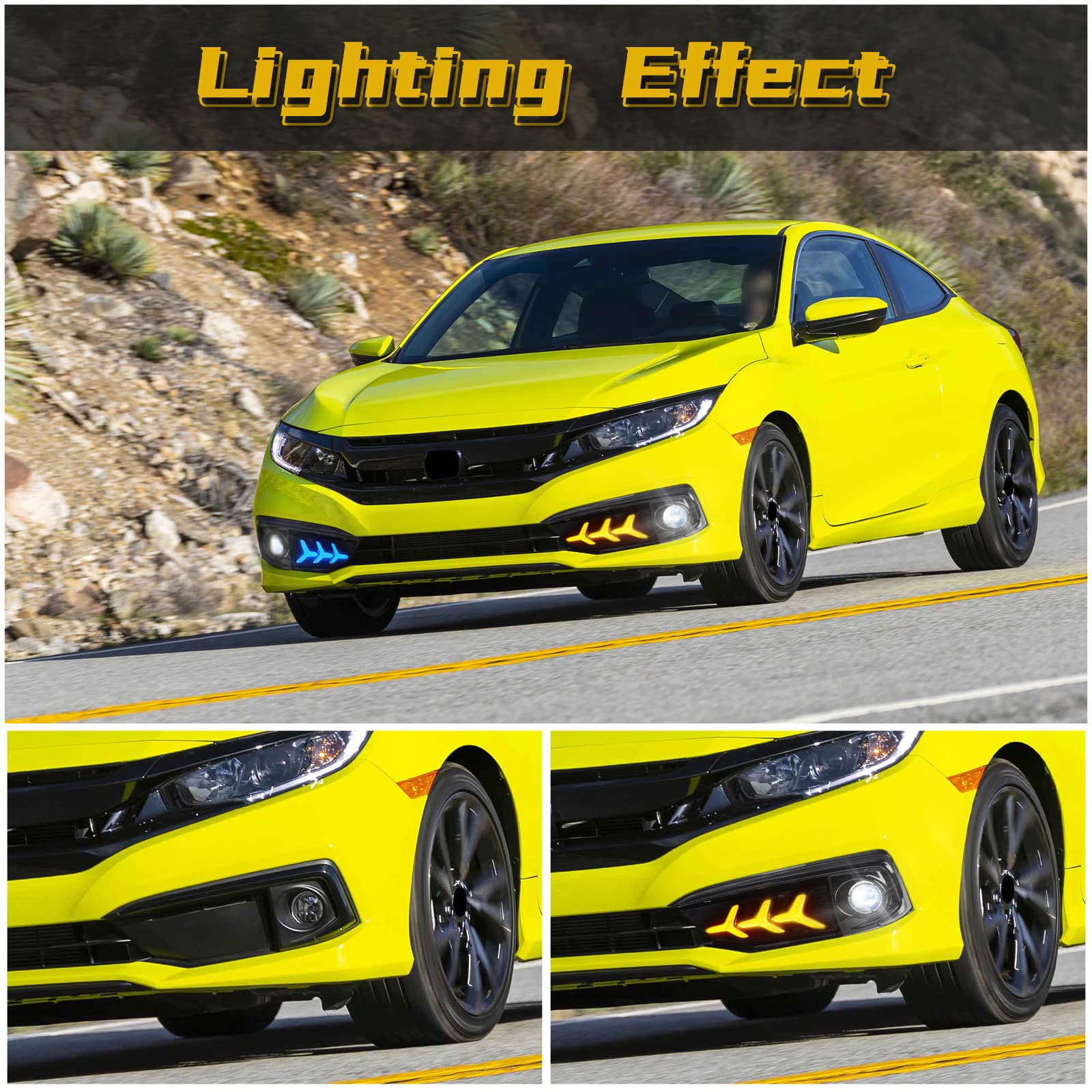 2019-2020 Honda Civic LED Daytime Running Lights (DRL) & Tri-Color Fog Lights Kit with Wiring Harness - Upgrade Front Lighting for Enhanced Visibility & Style