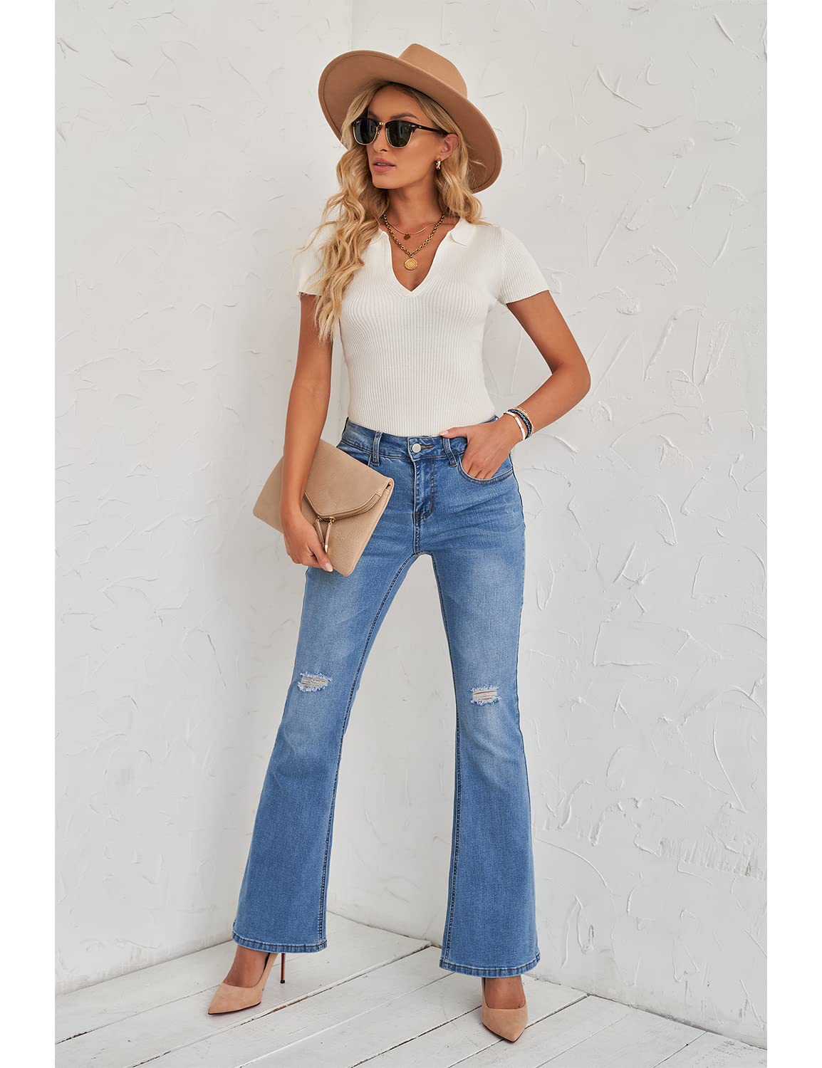 Luvamia Women's Ripped Flare Bell Bottom Jeans - Retro Wide Leg Denim Pants for Casual Outfits & 70s Vintage Style | Perfect for Parties, Dates, and Everyday Wear