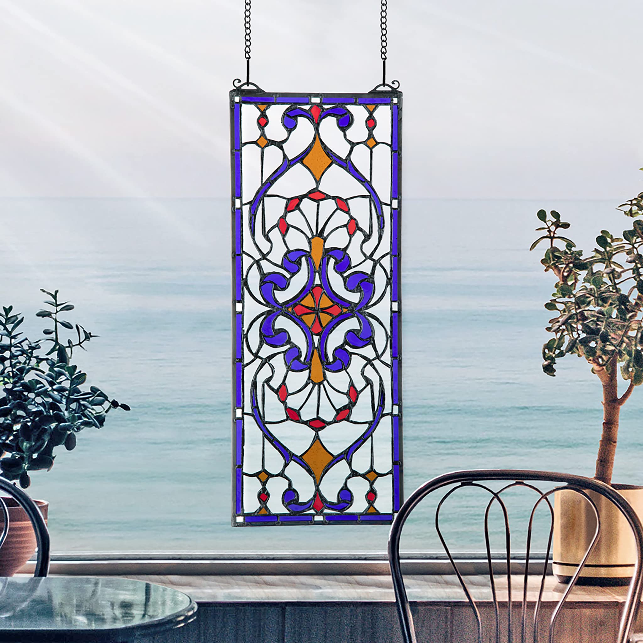 Stained Glass Window Panel - Hyde Street Handcrafted Art Glass Hanging Decor for Home & Church - Beautiful Window Treatments for Living Room, Bedroom & Office