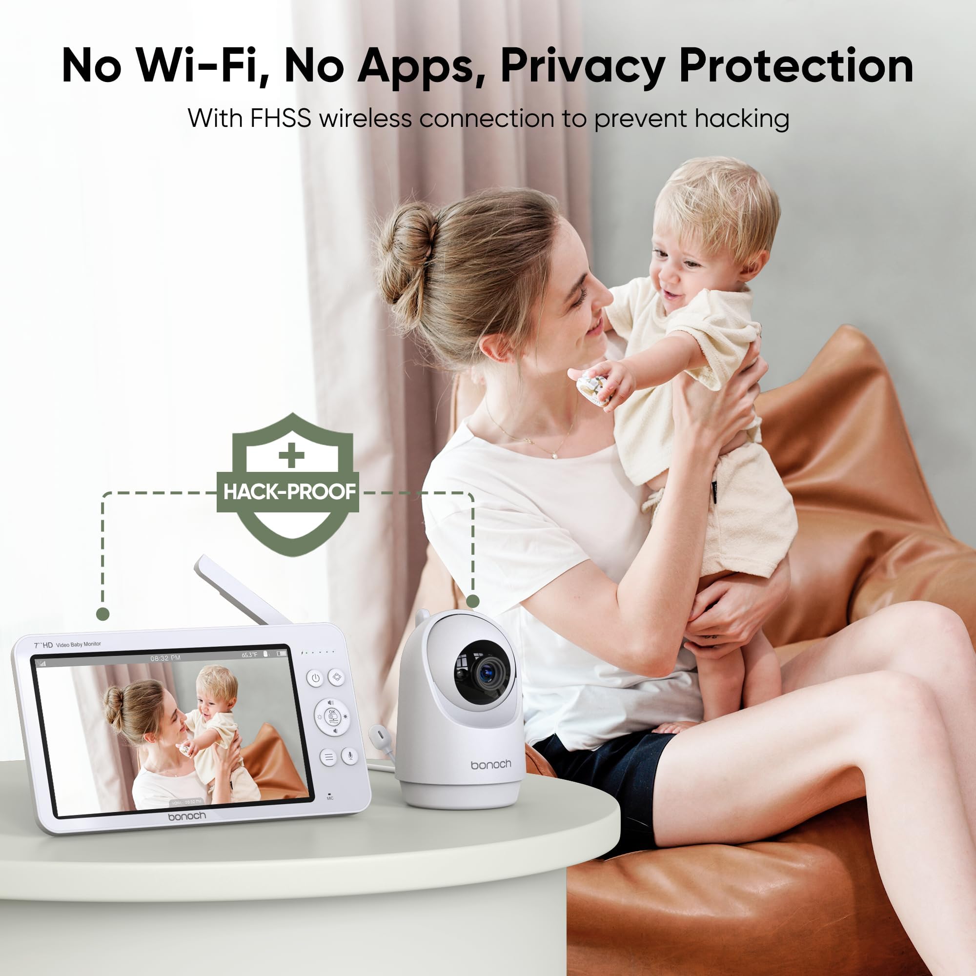 Bonoch Add-on Baby Camera for BBM01/BBM03/BBM05 - 720p HD Video Monitor with Split-Screen, Night Vision, 4X Zoom, 2-Way Audio & Temperature Sensor - Perfect for Nursery, Bedroom & Child Safety Monitoring