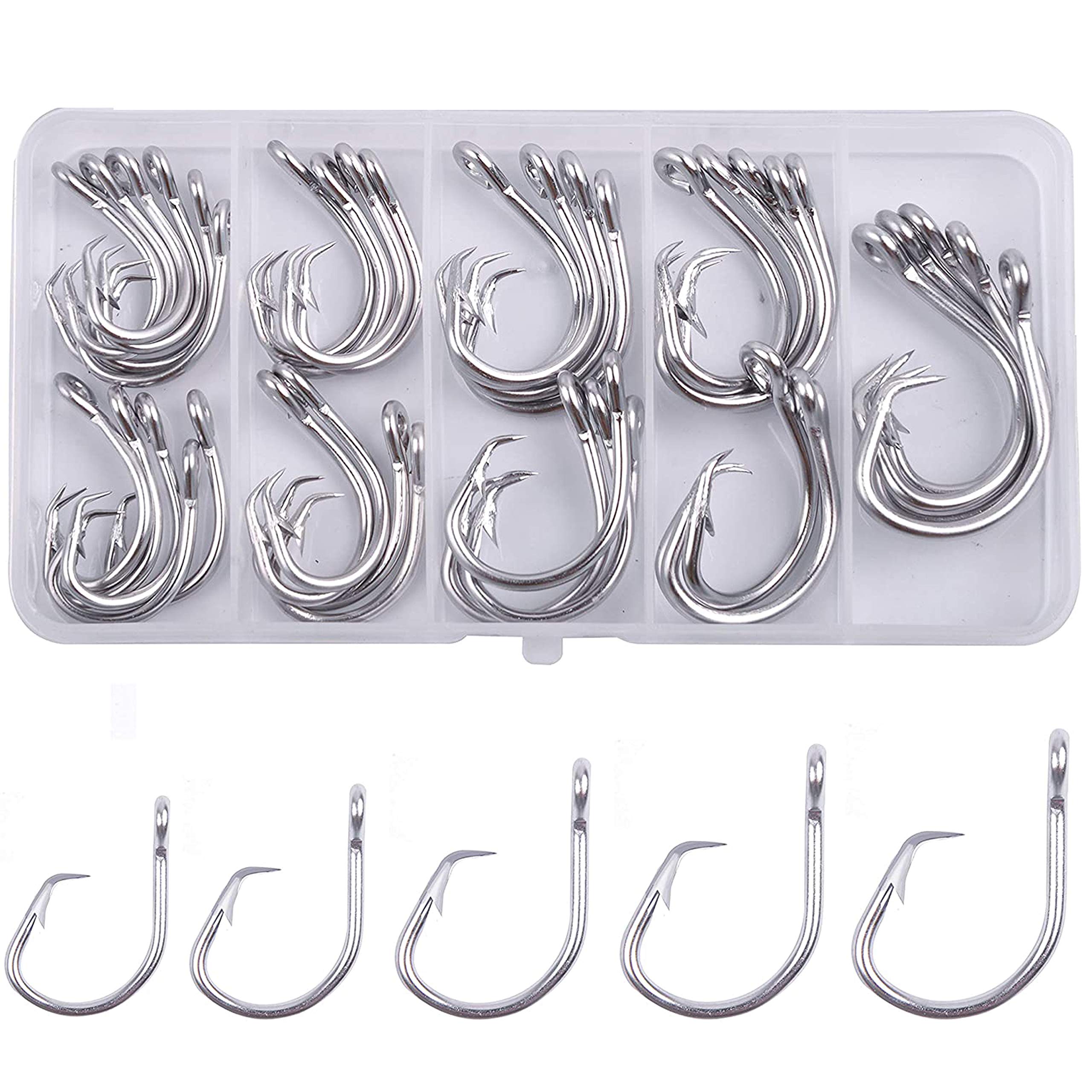 40pcs Stainless Steel Saltwater Circle Hooks - Forged Offset Big Game Fishing Hooks for Tuna, Bass, Catfish & Bluegill - Extra Strong Short Shank Wire - Perfect for Deep Sea Fishing & Freshwater Angling