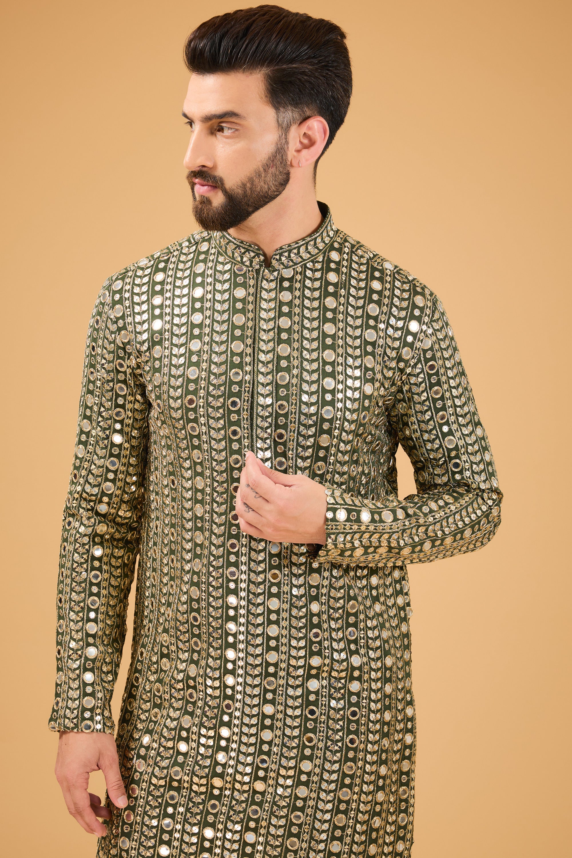 Military Green Mirror Work Kurta with Detailed Golden Zari Work - Elegant Ethnic Embroidered Tunic for Women - Perfect for Festivals, Weddings & Special Occasions