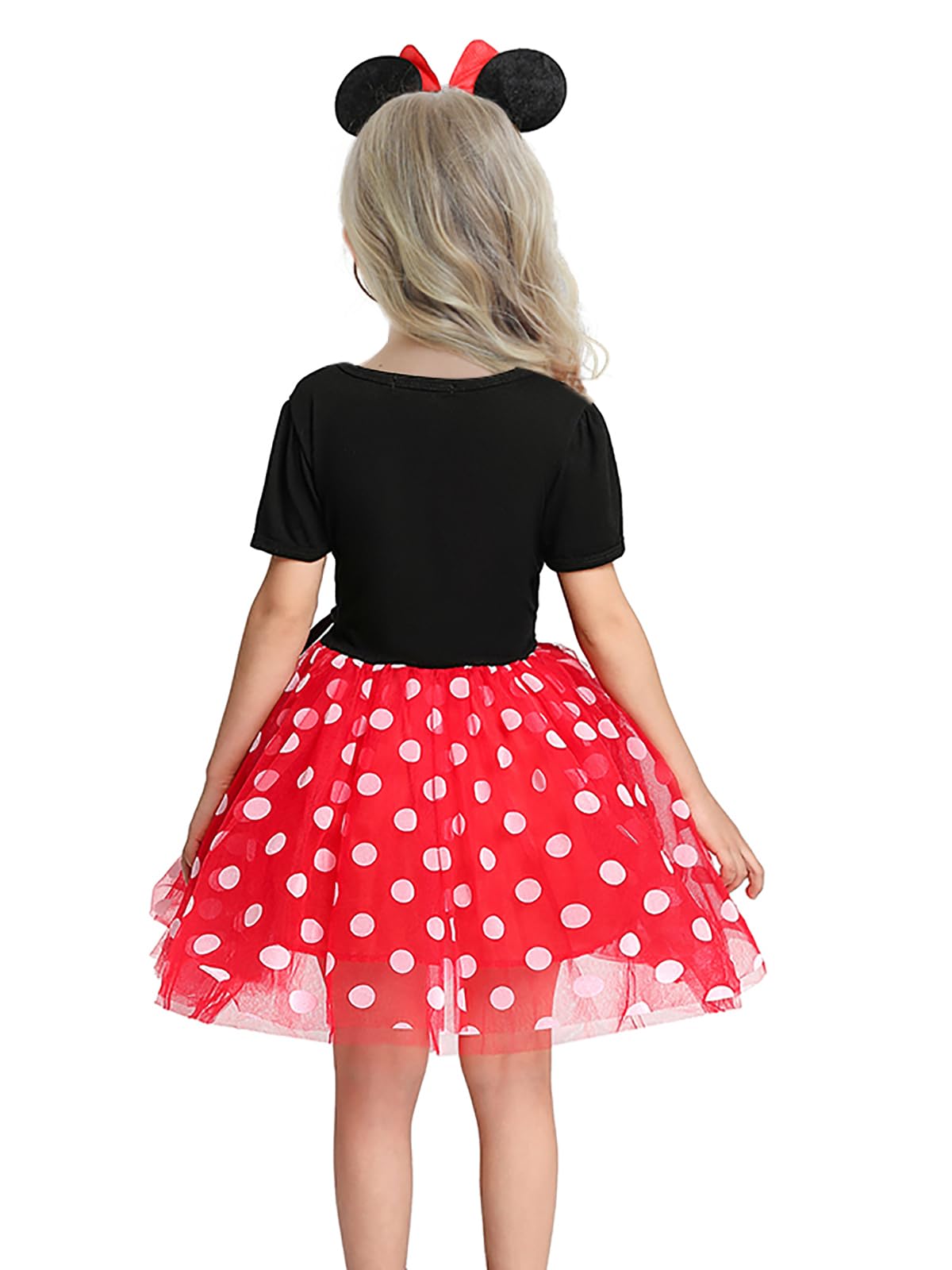 WonderBabe Toddler Girl Polka Dot Princess Dress Costume with Ears Headband - Christmas Birthday Party Outfit for Kids, Halloween Dress Up, Photo Shoot & Special Occasions