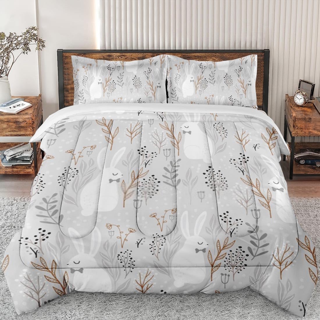 King Size Comforter Set - Floral Bunny Mushroom Design, Soft Bedding for Kids & Adults, Autumn Leaves Pattern with 2 Pillowcases | Cozy Bedroom Decor for Fall Season