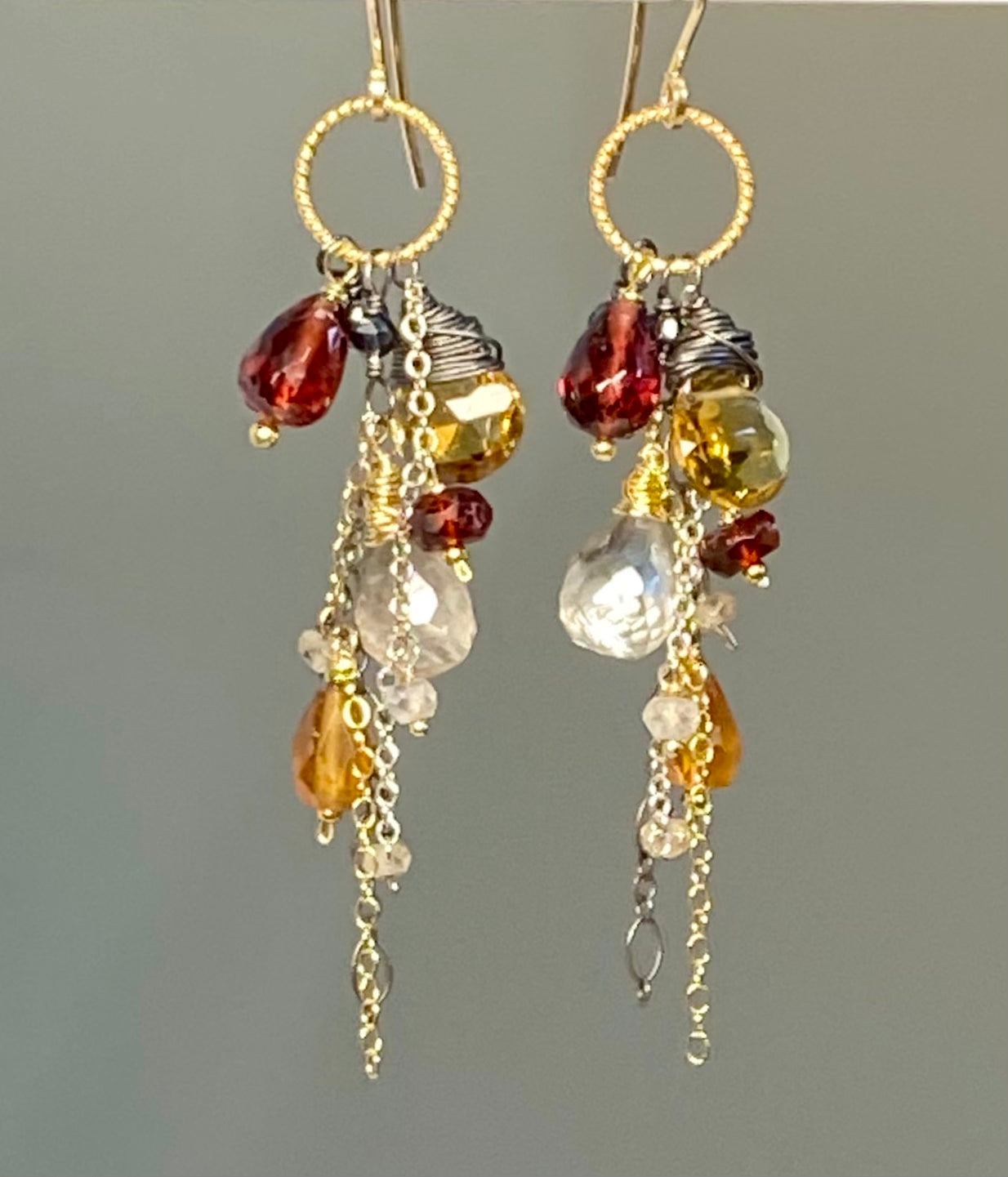 Multi Gemstone Dangle Earrings - Garnet & Citrine Mixed Metal Jewelry for Women, Elegant Drop Earrings for Party, Wedding & Evening Wear
