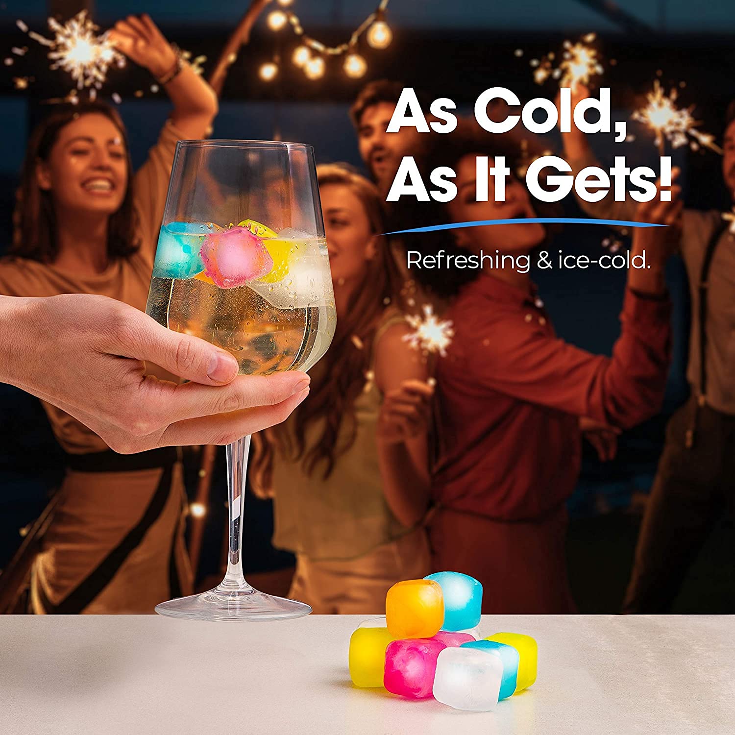 RIANZ Pack of 20 Square Reusable Ice Cubes with Pure Water - Multi Color Set for Whiskey, Cocktails & Beverages - Perfect for Parties, BBQs & Home Bars