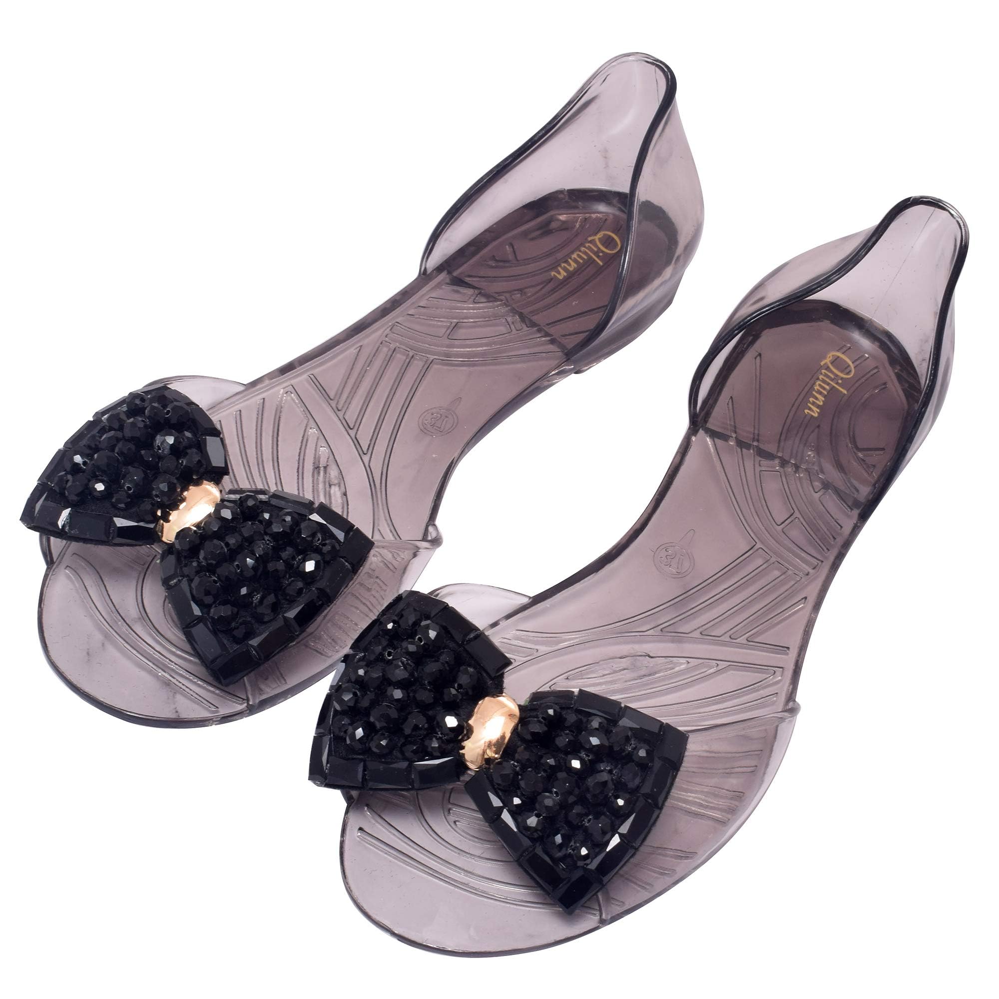 Women's Crystal Bow Pearl D'Orsay Jelly Sandals - Slip On Waterproof Rain Flats for Outdoor, Beach, and Casual Wear