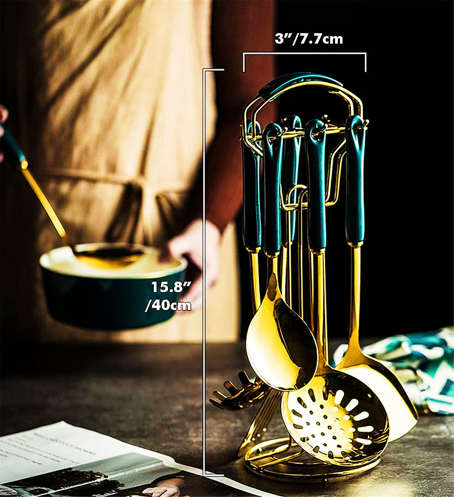 Premium 12-Piece Cooking Utensils Set with Holder - Stainless Steel Soup Ladle, Spatula, Slotted Turner, Skimmer Spoon & Rice Paddle - Non-Slip Heat Resistant Kitchen Tools for Frying, Baking & Cooking - Perfect for Home Chefs & Professional Kitchens