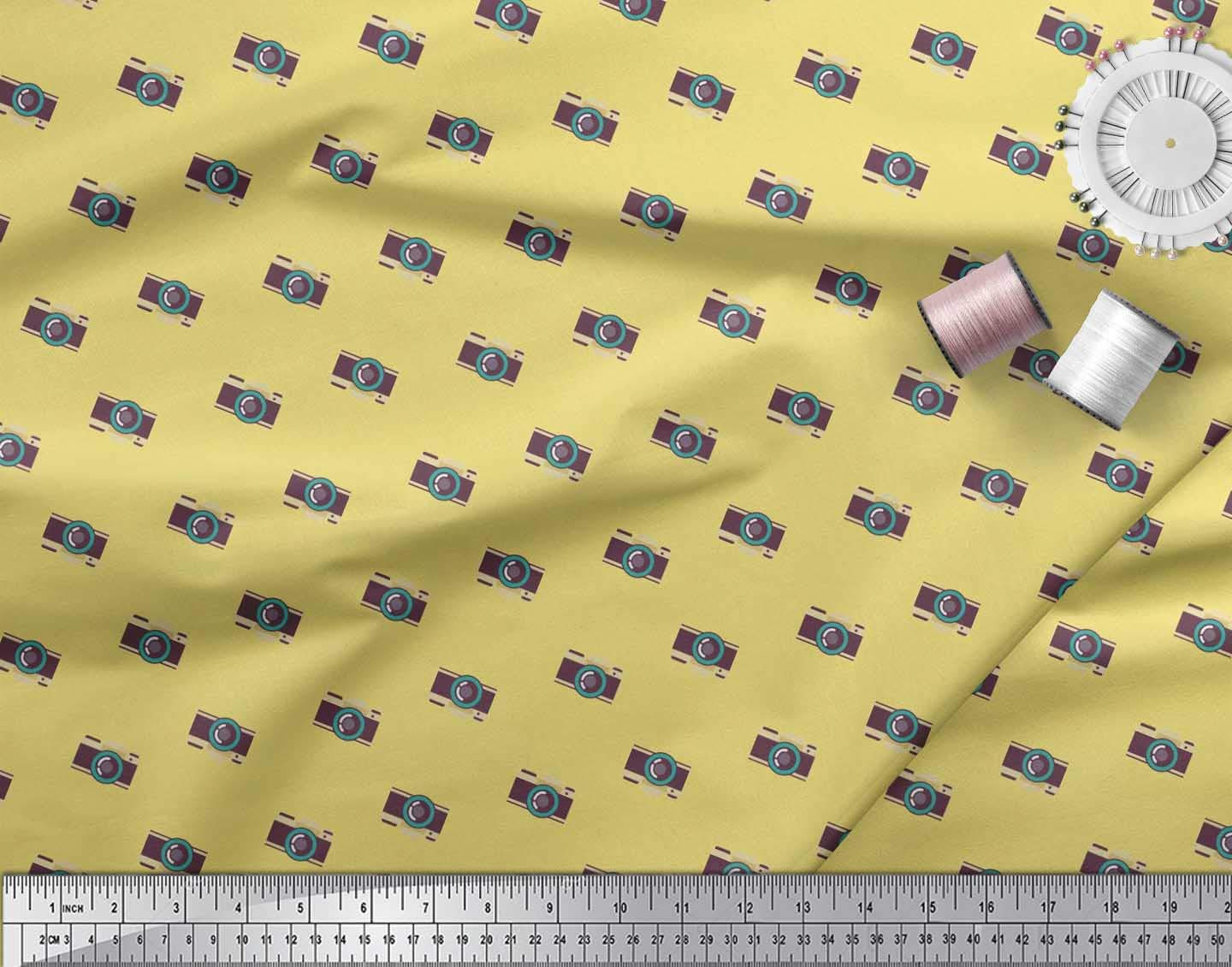 Soimoi Rayon Yellow Fabric by The Yard - 42 Inch Wide Camera Print Shirting Material for Photography Enthusiasts - Perfect for Travel-Themed Shirts, DIY Camera Bags & Photography Backdrops
