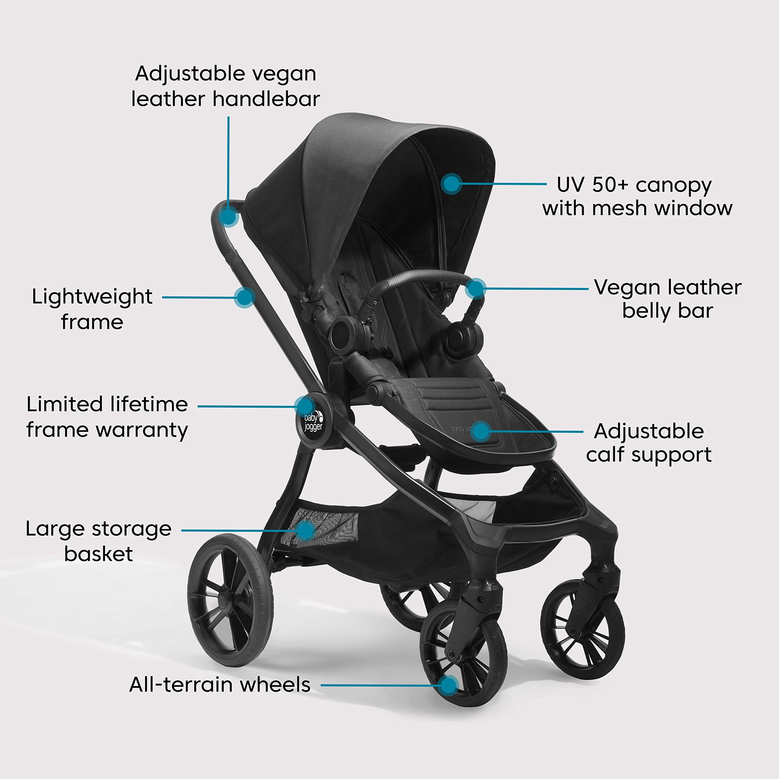 Baby Jogger City Sights Convertible Stroller - Lightweight Compact Fold Stroller for Travel & Everyday Use, Adjustable Canopy & Reclining Seat, Rich Black | Perfect for Urban Walks, Shopping & Air Travel