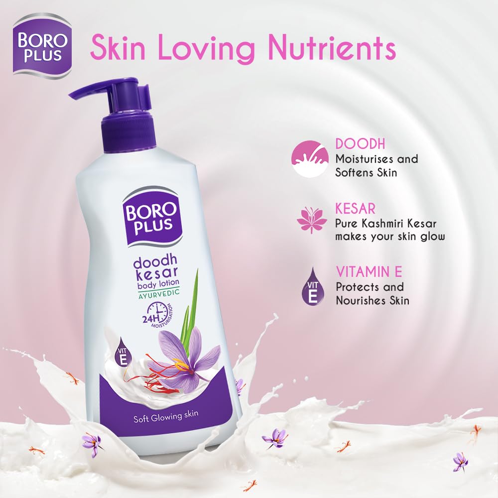 Boroplus Ayurvedic Body Lotion for Dry & Normal Skin - 24Hrs Moisturization with Vitamin E, Dhoodh, Badam & Kesar - 400ml | Perfect for Daily Hydration & Skin Nourishment