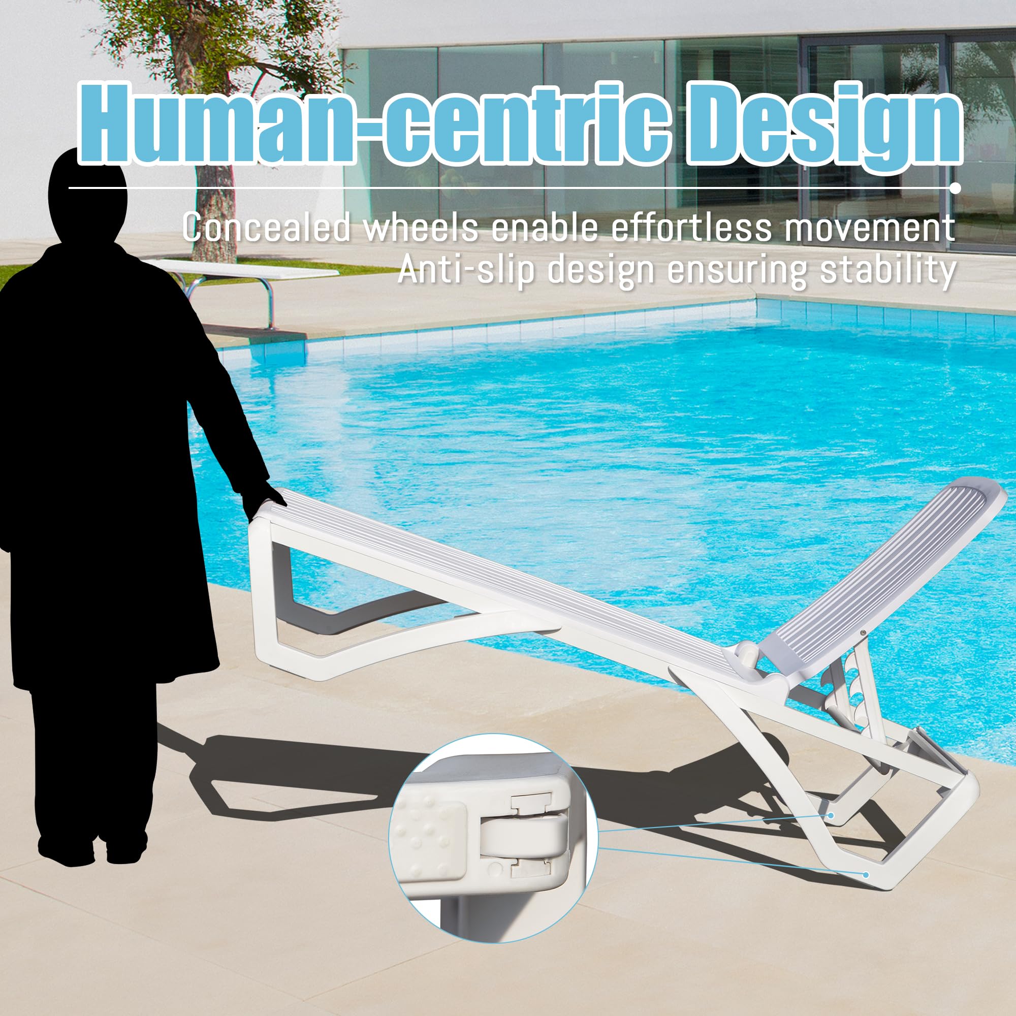 Domi Patio Chaise Lounge - All-Weather Adjustable Reclining Outdoor Lounge Chair with Wheels, Stackable Plastic Tanning Chair for Beach, Garden, Lawn, Poolside Relaxation | Perfect for Sunbathing, Lounging by the Pool, or Backyard Relaxation