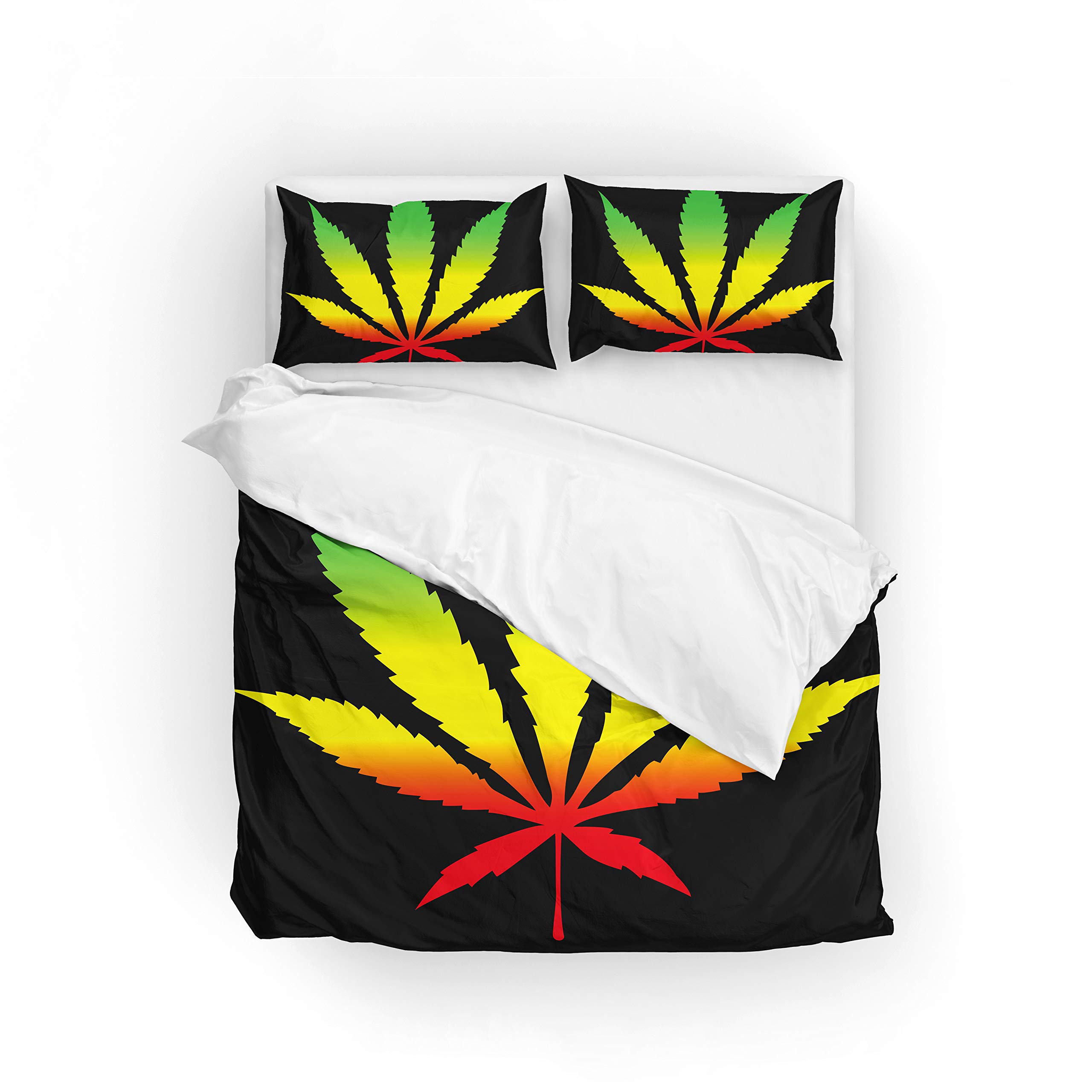 Cannabis Leaf Duvet Cover Set - Marijuana Pattern Polyester Bedding - Full Size Quilt Cover with Pillowcases - Perfect for Stoner Decor, Dorm Room or Bohemian Bedroom