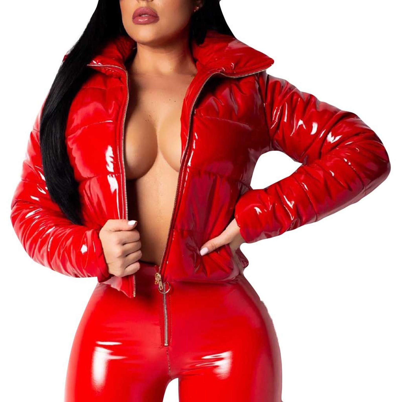 Elegant Women's Long Sleeve Glossy Leather Vest Jacket with Zipper Pockets - Stylish Winter Coat for Work, Dating & Outdoor Activities