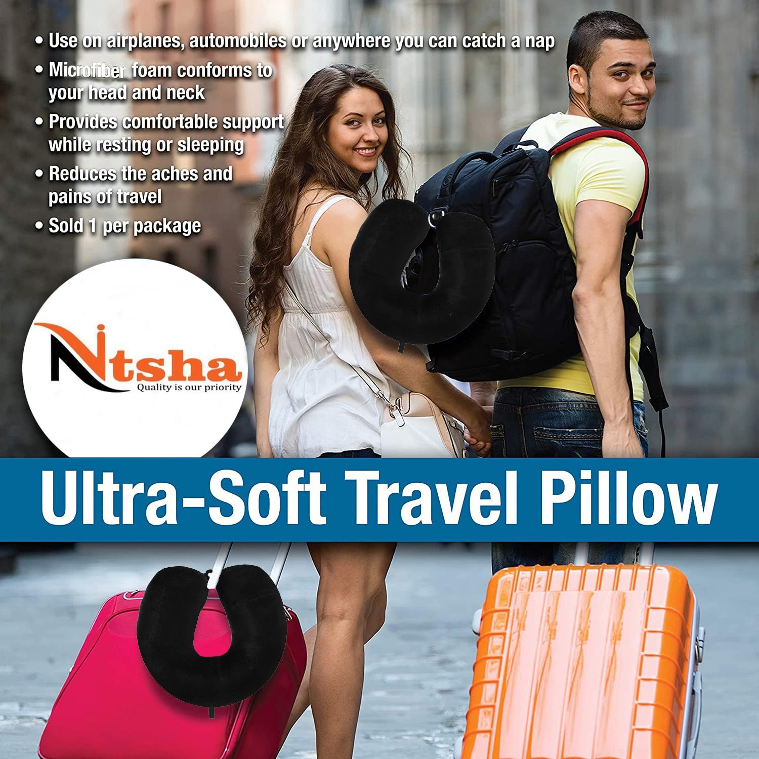 Nitsha Velvet Travel Neck Pillow - Ultra Soft & Comfortable Head & Neck Support for Airplane, Car & Office - Black