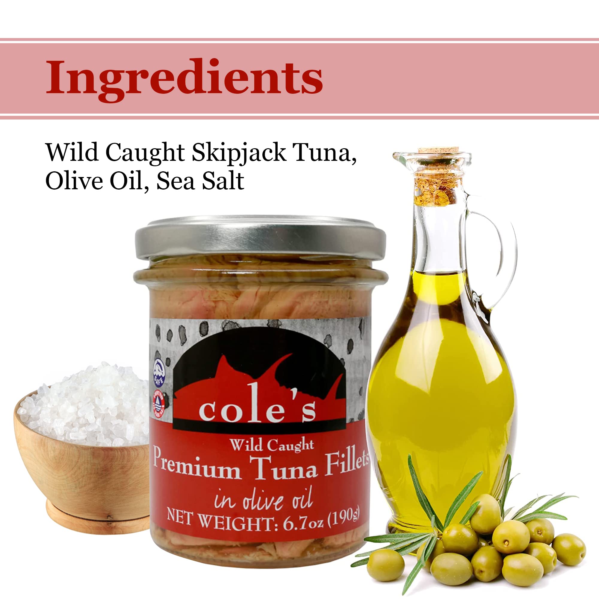 COLES Fresh Canned Tuna Fillets in Olive Oil 6 Pack (6.7 oz Each) - Wild Caught, Gluten Free, High Protein Healthy Snack - Perfect for Salads, Sandwiches & Quick Meals