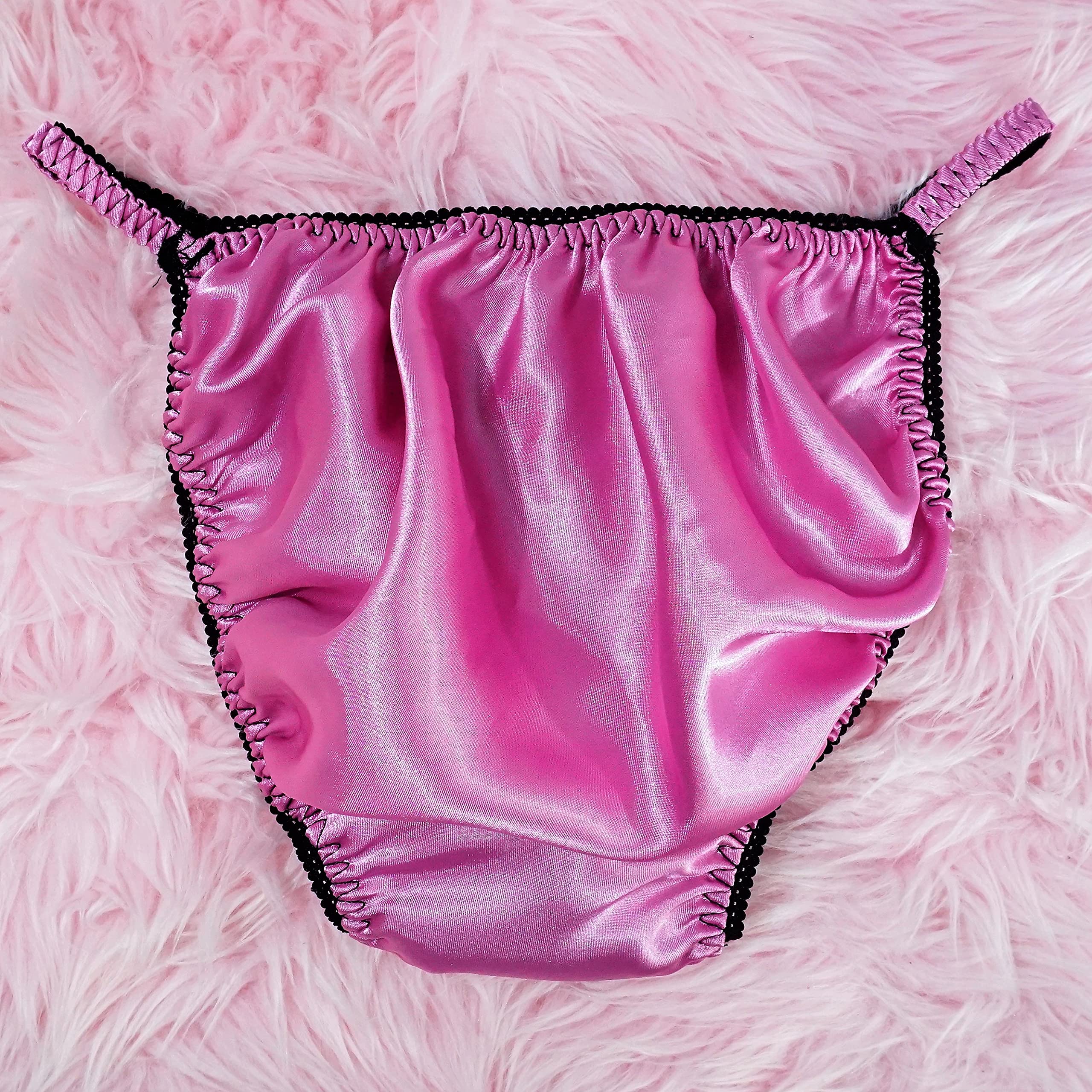 Ania's Poison Sissy Panties - Pink Satin String Bikini Underwear with Shiny Black Trim for Men, Size S-2XL (Includes XL) - Perfect for Crossdressing, Cosplay, and Sensual Lingerie Wear