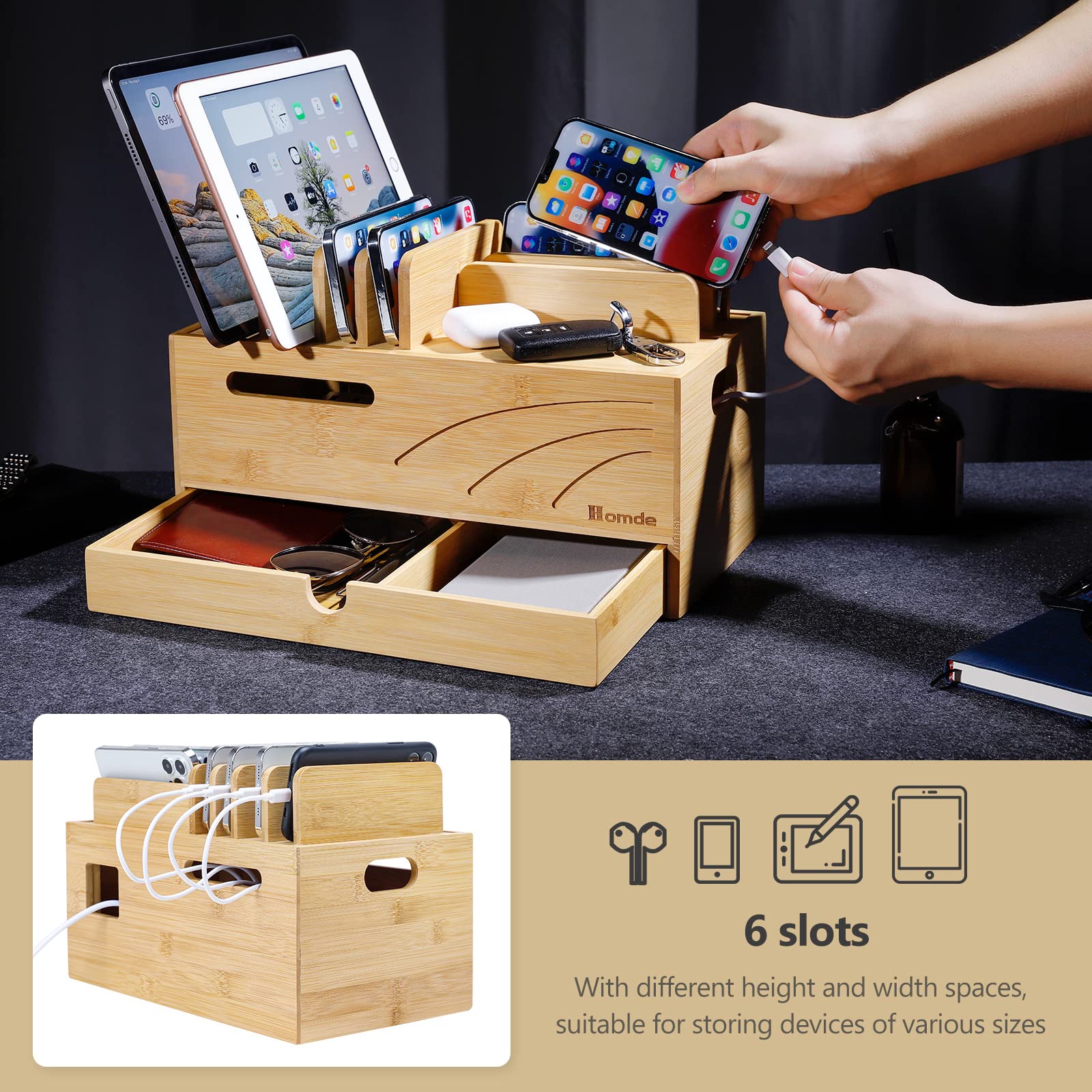 Premium Bamboo Charging Station Organizer - 6-Slot Multi-Device Cord Management Box for Phones, Tablets, Watches & Electronics | Natural Wood Desktop Charger Holder | Perfect for Home, Office & Travel Use