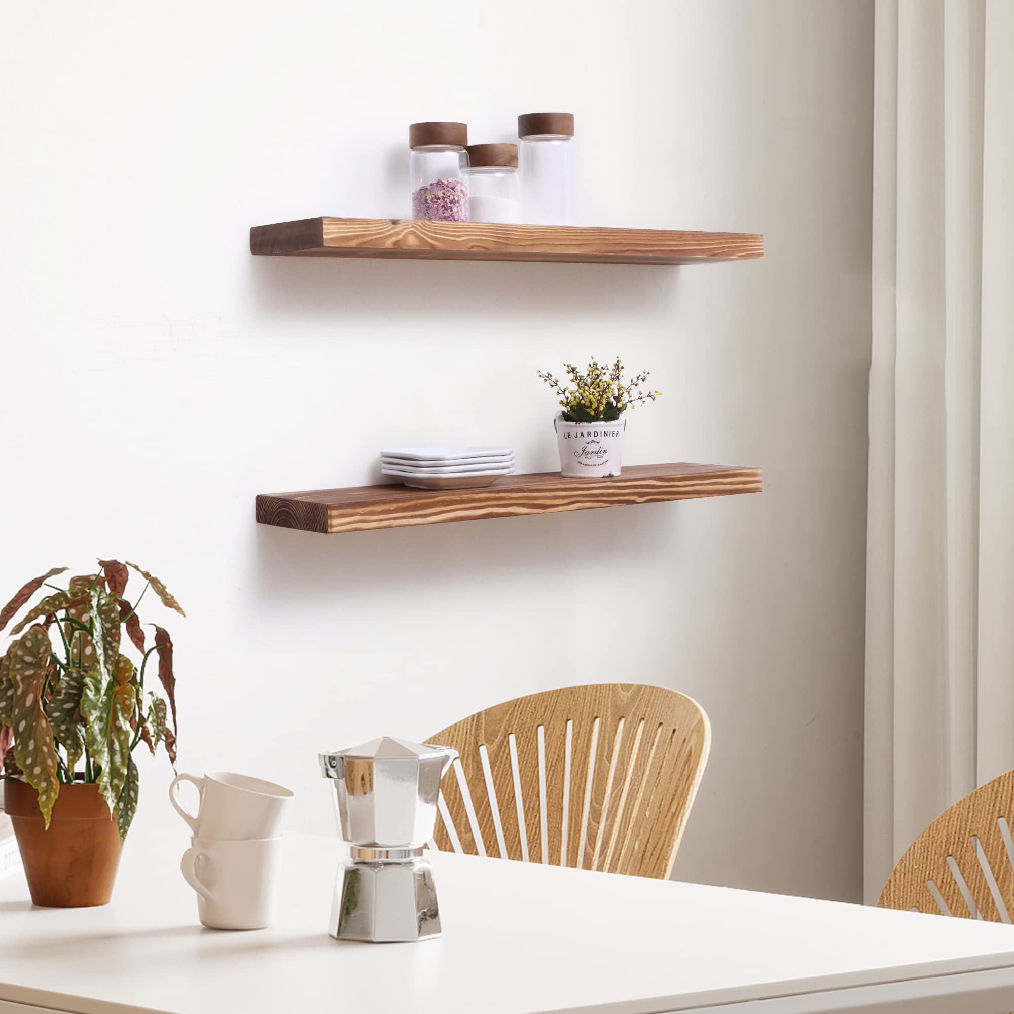 Handcrafted European Pine Floating Shelves Set of 2 - 24 Inch Natural Rustic Wood Wall Shelves for Storage & Display | Farmhouse Decor for Kitchen, Bathroom, Living Room & Bedroom | Carbonized Finish | Perfect for Organizing Spices, Books & Decor Items