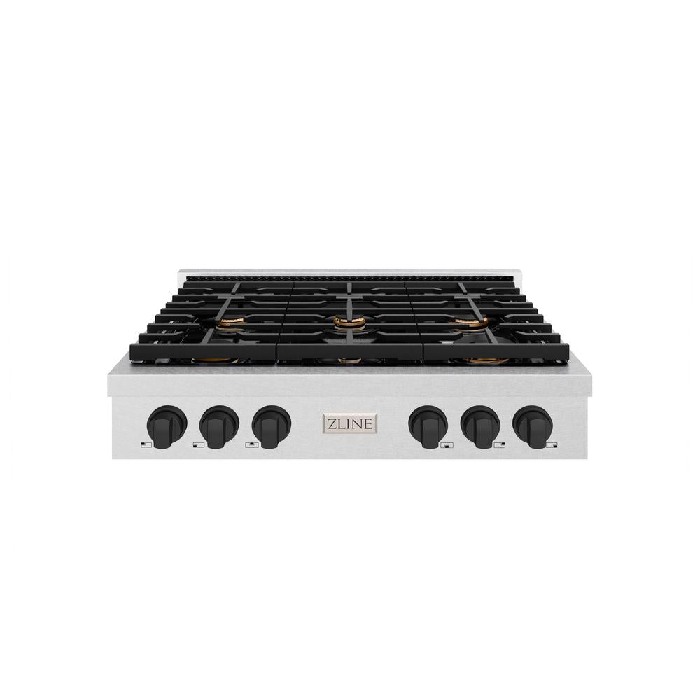 ZLINE 36 Inch Autograph Edition Paramount 6-Burner Gas Rangetop - Satin Stainless Steel with Matte Black Accents - Porcelain Cooktop (SRTSZ 36 MB) | Professional Kitchen Stove for Home Chefs & Cooking Enthusiasts
