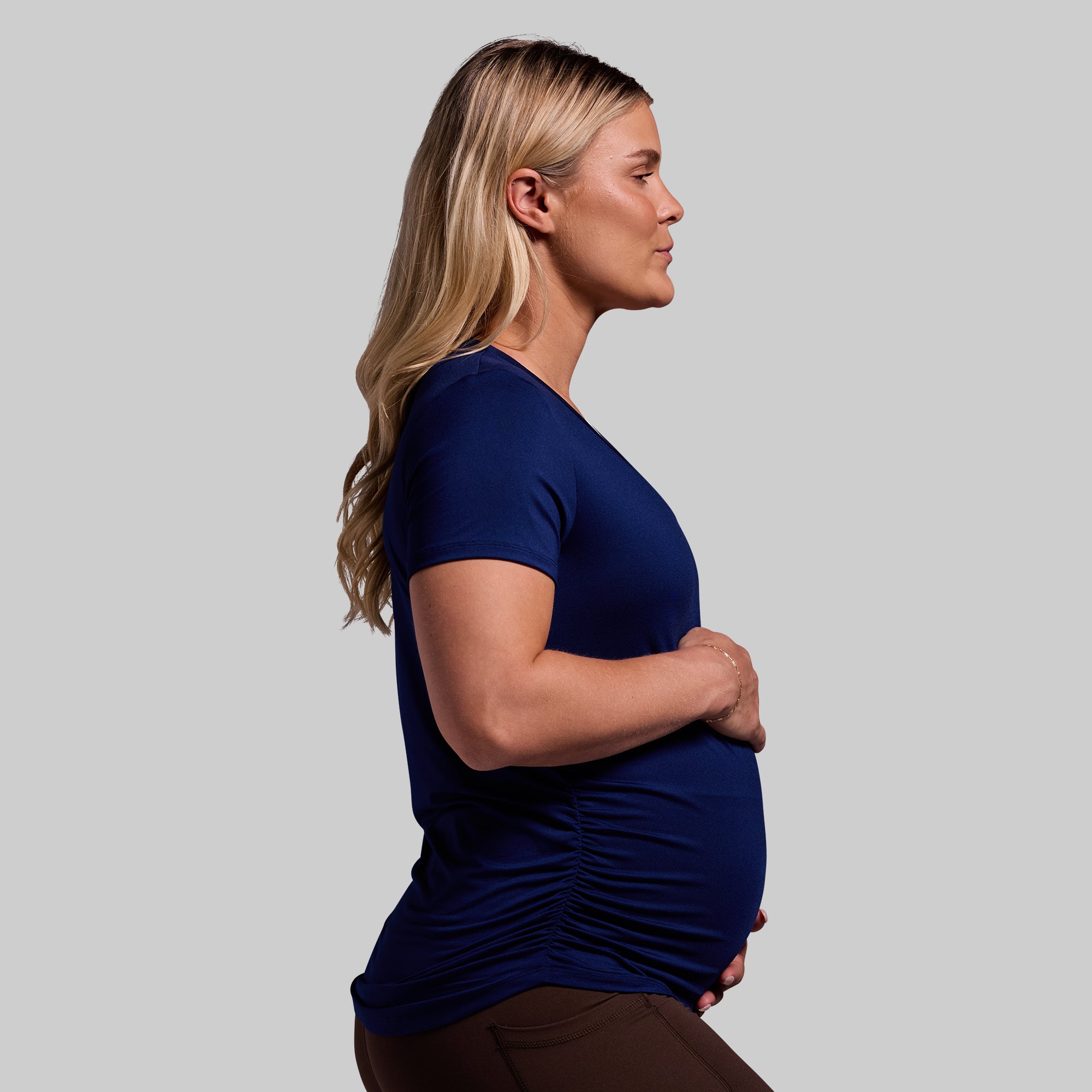Maternity Athleisure Short Sleeve V-Neck T-Shirt - Comfortable Pregnancy Activewear for Women (Blue Depths) - Perfect for Yoga, Gym & Everyday Wear