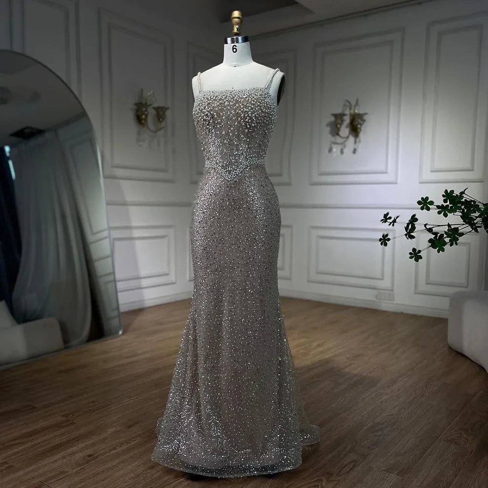 Elegant Nude Mermaid Evening Gown with Pearl Beading - Luxurious Women's Wedding Dress for Bride, Prom, Gala & Special Occasions | LA72321