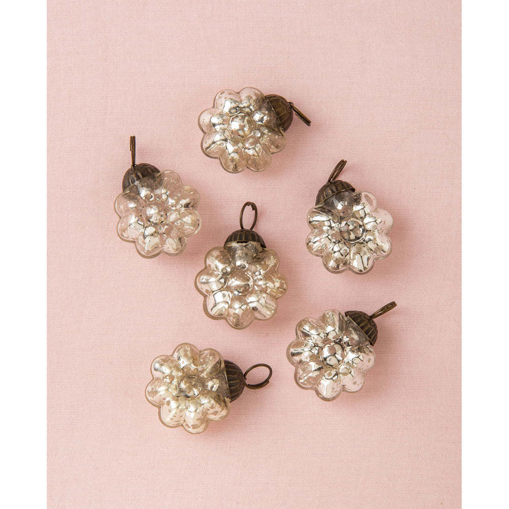 6 Pack Mini Mercury Glass Ornaments - Vintage Silver Christmas Tree Decorations (2 Inch, Celine Design) | Perfect for Holiday Decor, Gift Wrapping & Home Accents