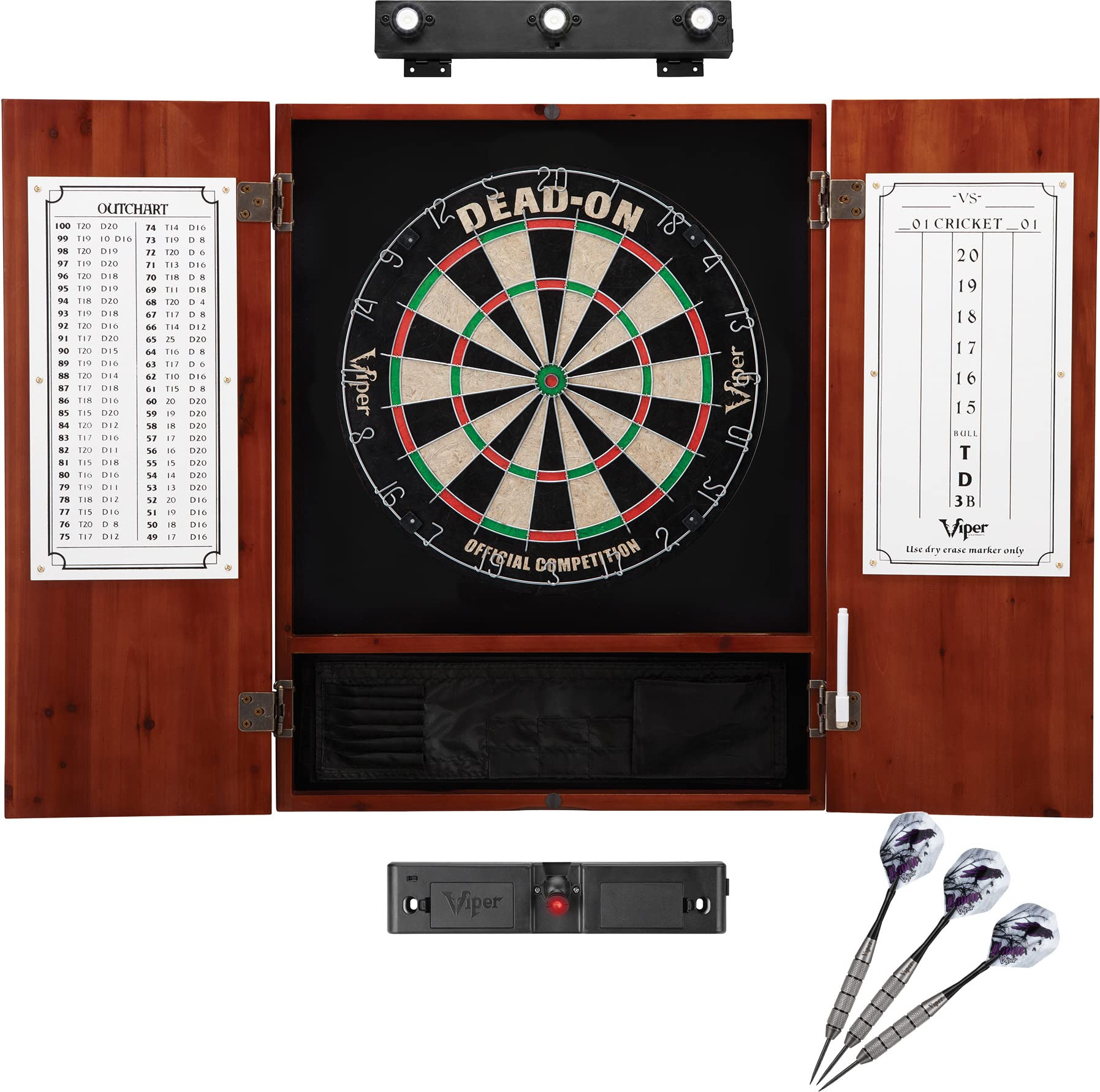 Premium Viper Dead On Professional Sisal Dartboard with Cabinet - Metropolitan Cinnamon Finish | Includes Shadow Buster LED Dartboard Lights & Laser Throw Line Marker | Perfect for Home Game Rooms, Bars, and Professional Dart Tournaments