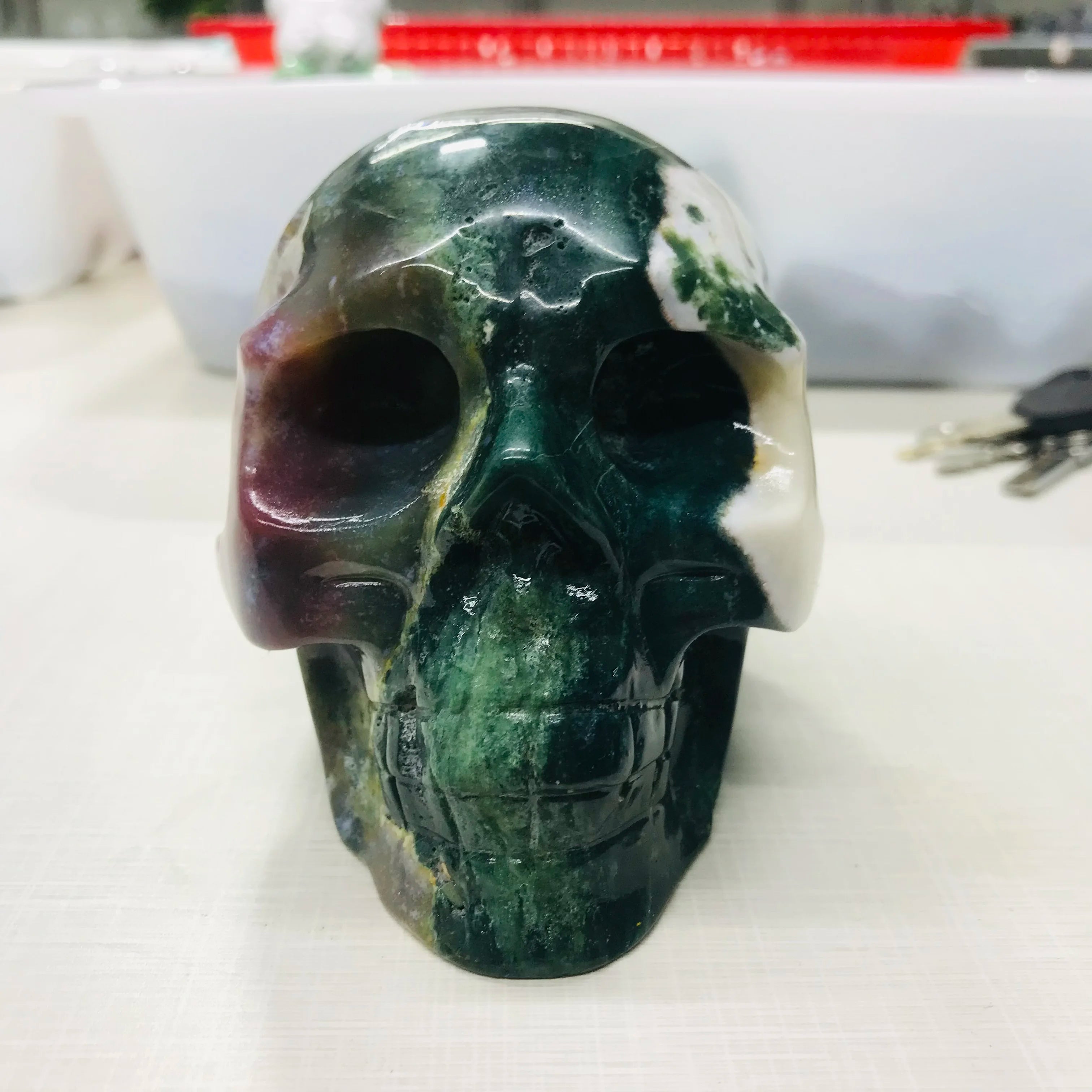 Natural Water Grass Agate Skull - Moss Agate Healing Crystal Stone for Meditation, Reiki & Energy Work - Natural Quartz Mineral Specimen for Spiritual Healing & Home Decor