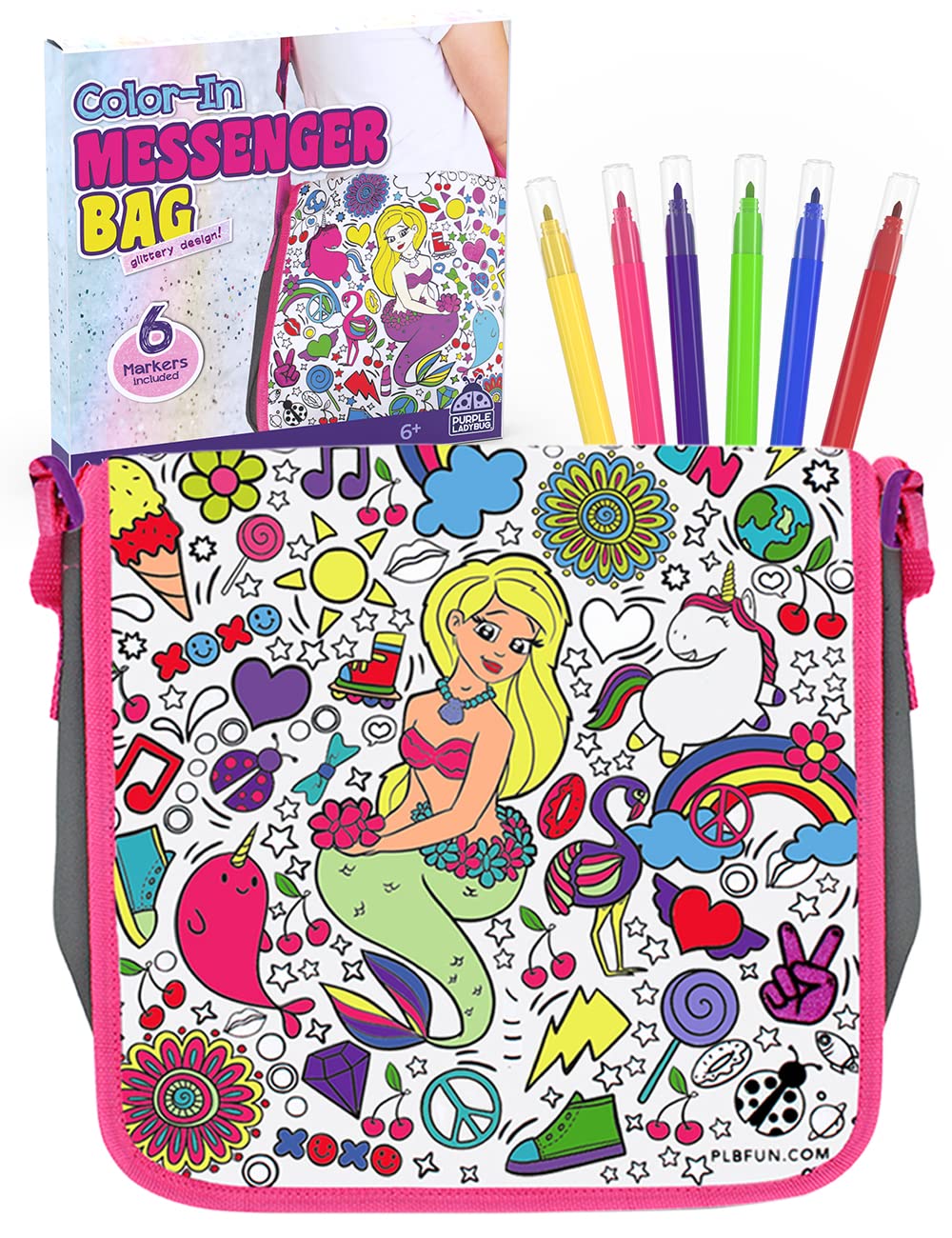 PURPLE LADYBUG DIY Mermaid Tote Bag Craft Kit for Girls Ages 6-8 - Includes 6 Washable Markers, Creative Coloring Activity, Perfect Birthday Gift, Valentine's Day & Easter Present - Fun Arts and Crafts for Parties, Playdates & Rainy Day Activities