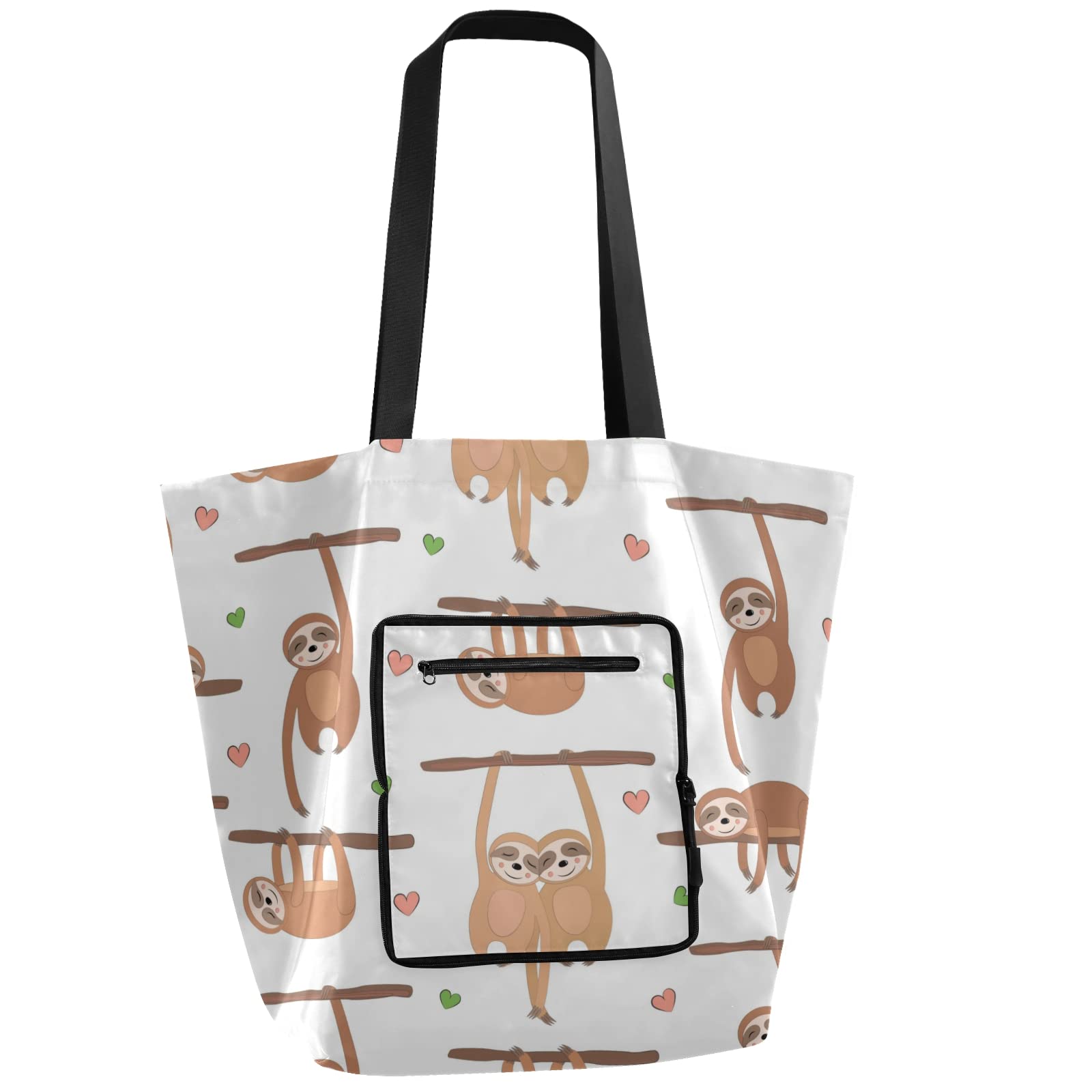 ALAZA Funny Sloth Love Heart Large Reusable Tote Bag - Foldable Lightweight Grocery Shopping Bag with Handles for Women, Outdoor Picnics, Beach Trips & Travel Accessories