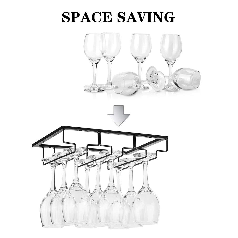 Premium Under Cabinet Wine Glass Rack - Sturdy Metal Stemware Holder & Organizer for Bar, Kitchen - Perfect for Storing Red, White Wine Glasses and Champagne Flutes (Black)