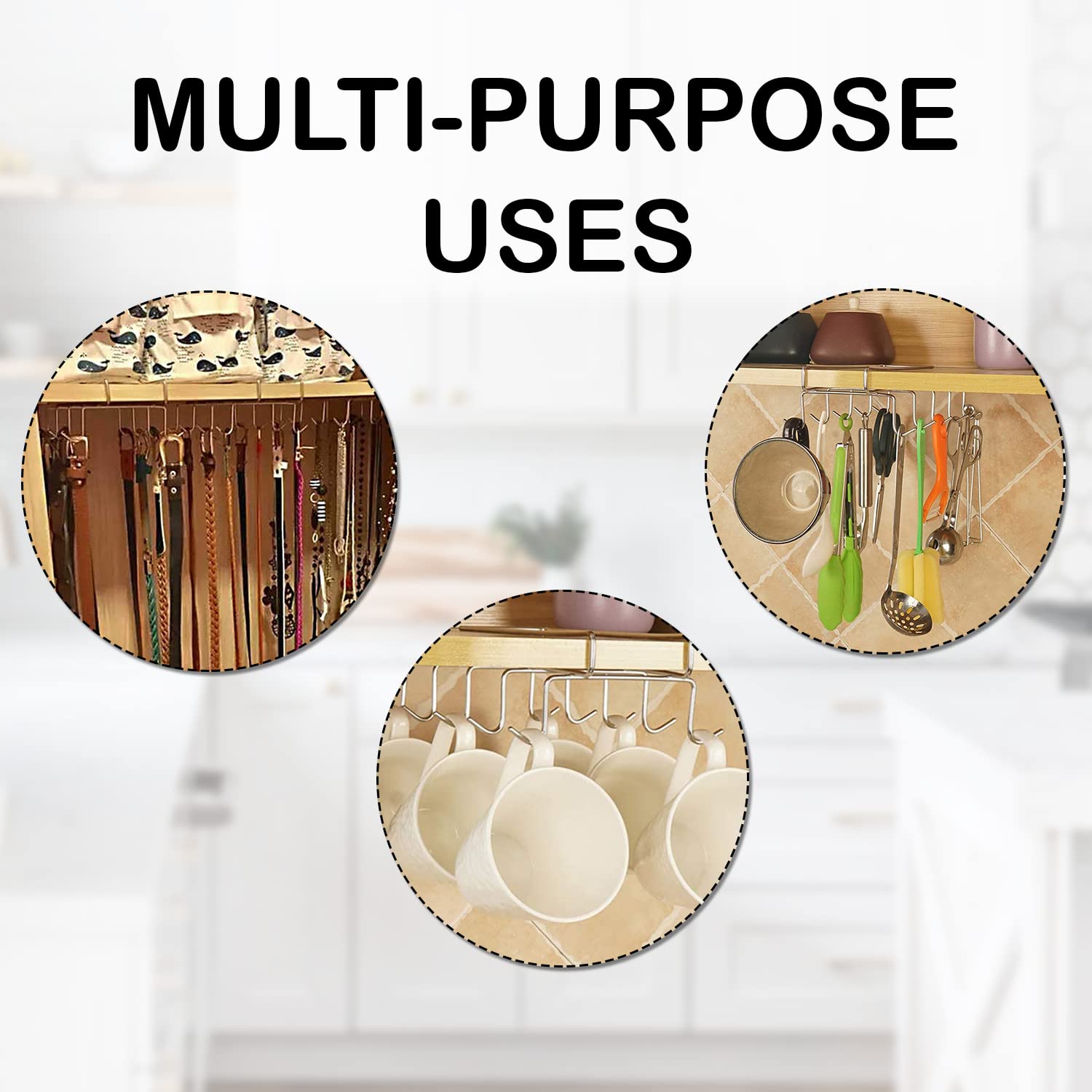 MohRee Stainless Steel Cup Holder Stand - 10 Hook Kitchen Organizer for Coffee Mugs & Tea Cups - Space Saving Under Shelf Hanger Rack - Perfect for Small Kitchens, Coffee Bars and Office Break Rooms