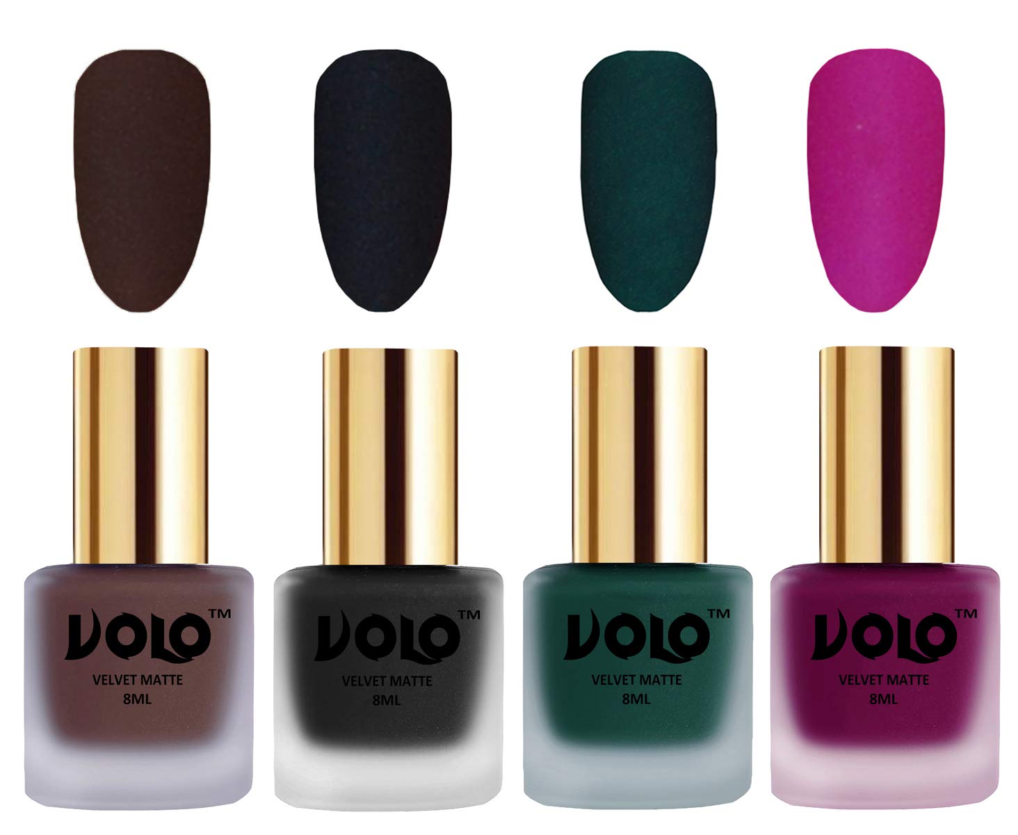 Volo Velvet Matte Nail Polish Set - Pack of 4 (Chocolate Brown, Black, Dark Green, Magenta) 32ml - Long Lasting Party & Evening Wear Nail Colors for Women