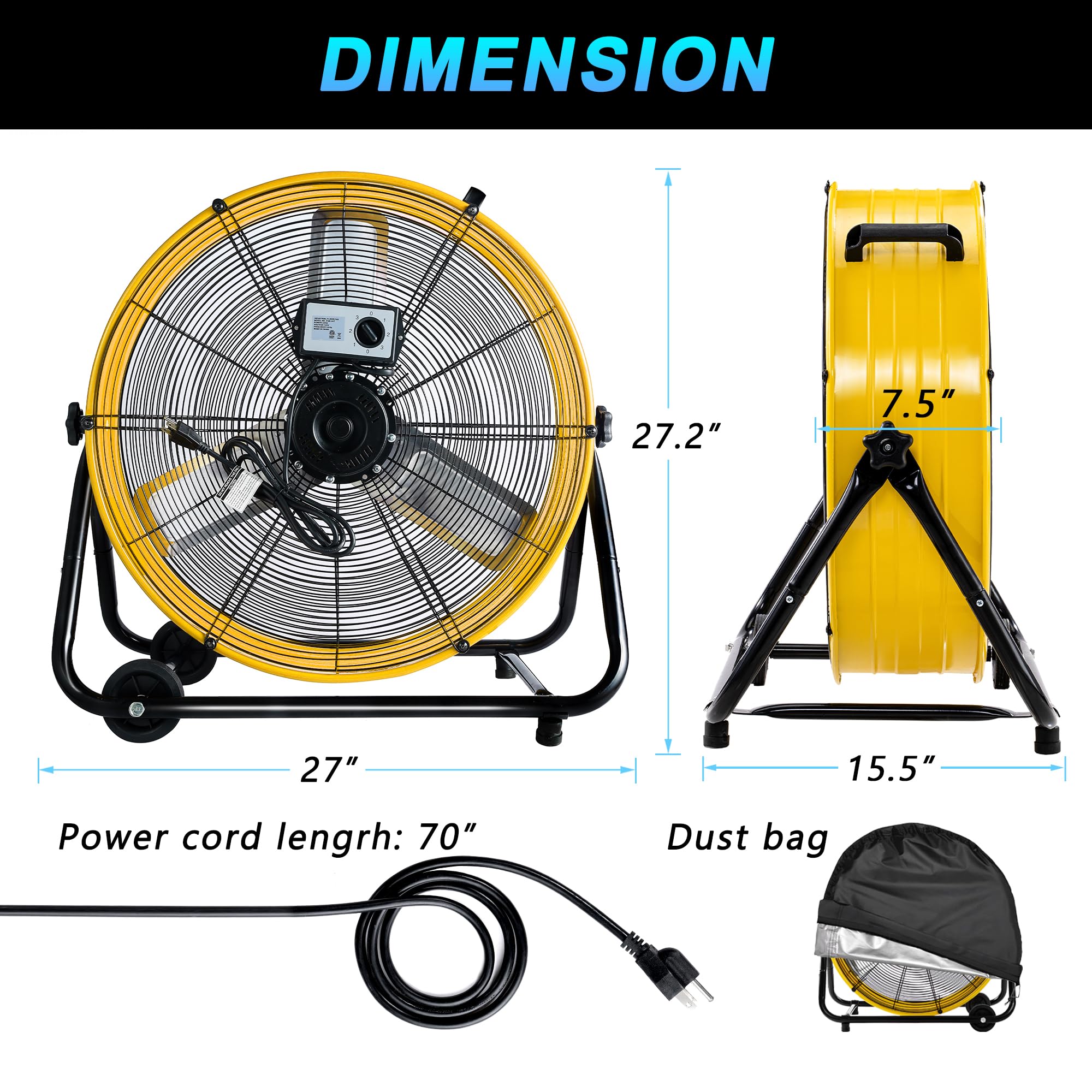 24 Inch Heavy Duty Industrial Drum Fan - 8800 CFM High Velocity Air Circulation with 3 Speed Settings | Commercial & Residential Use for Warehouse, Workshop, Factory, Greenhouse & Home Cooling