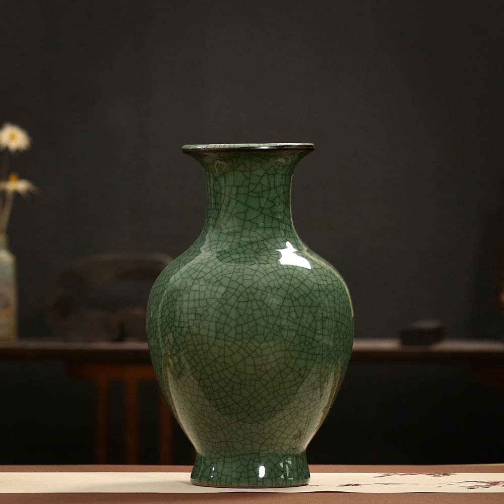 Handmade Antique Chinese Ceramic Vase - Ice Crack Glaze Porcelain Flower Vase for Home Decor, Wedding Centerpiece & Living Room Display (Green, Large)