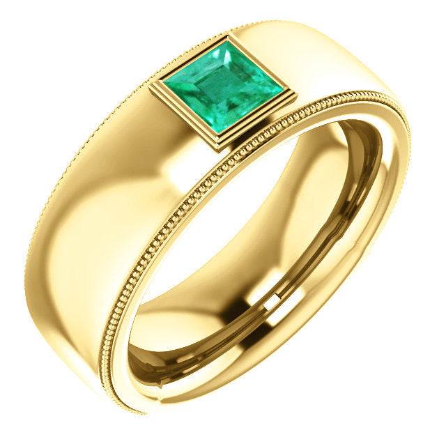 0.60 Carat Colombian Emerald Men's Ring in 14K Gold - Modern Wedding Band, Anniversary Gift for Him, Engagement Ring for Men