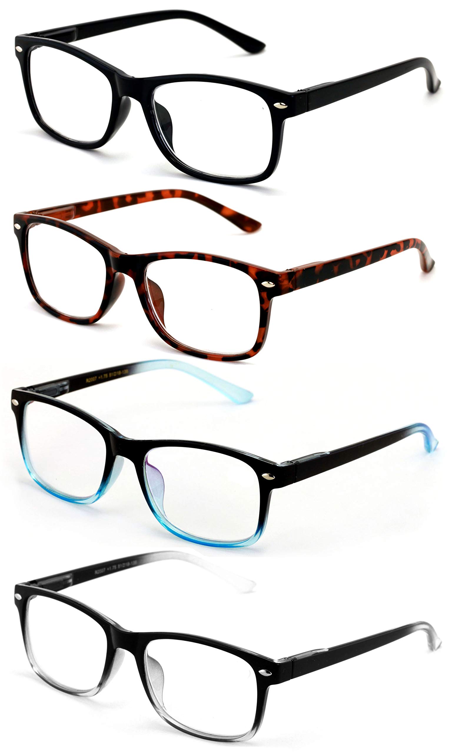 4 Pairs Lightweight Rectangular Reading Glasses for Men & Women with Spring Hinge - Fashionable Readers for Work, Reading & Computer Use