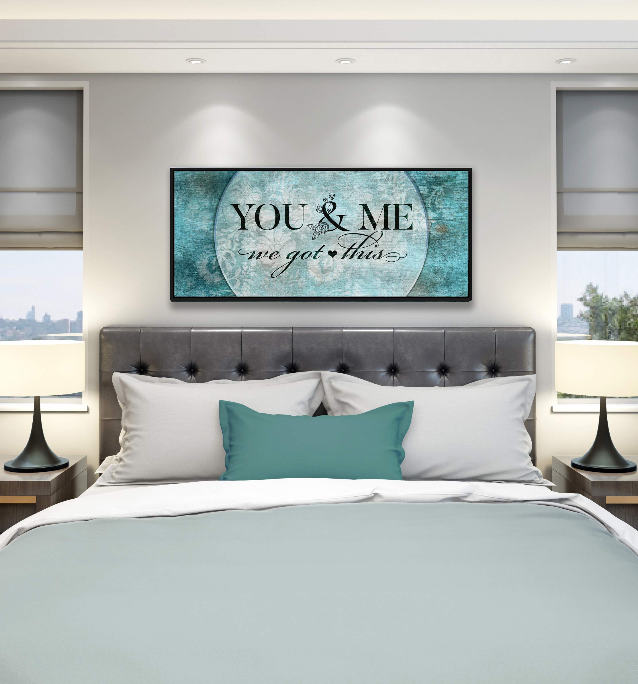 Above Bed Lovers Art - 'You & Me We Got This V5' Wood Framed Canvas - Rustic Bedroom Wall Decor for Couples - Ready to Hang Picture (42x19 Inches, Teal & Black Floating Frame) - Perfect for Master Bedroom, Guest Room or Romantic Gift