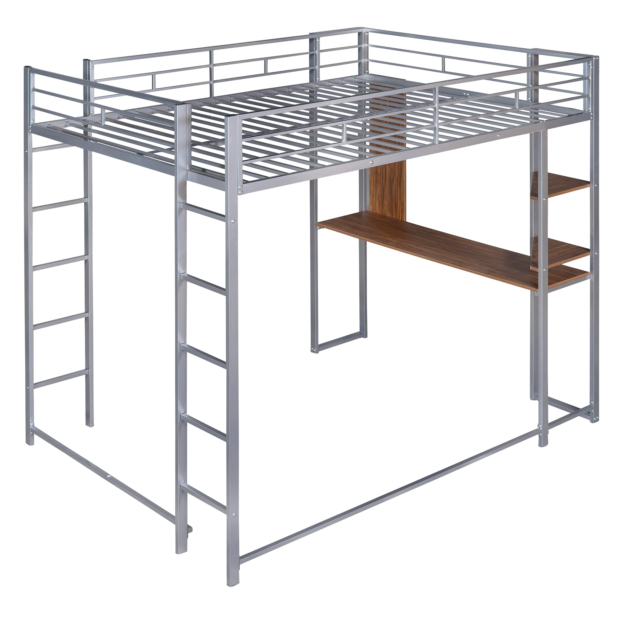 **Full Metal Loft Bed with Desk & Shelves - Heavy Duty Steel Frame for Kids, Teens & Adults (Silver) - Space-Saving Study & Sleep Solution for Small Rooms**
