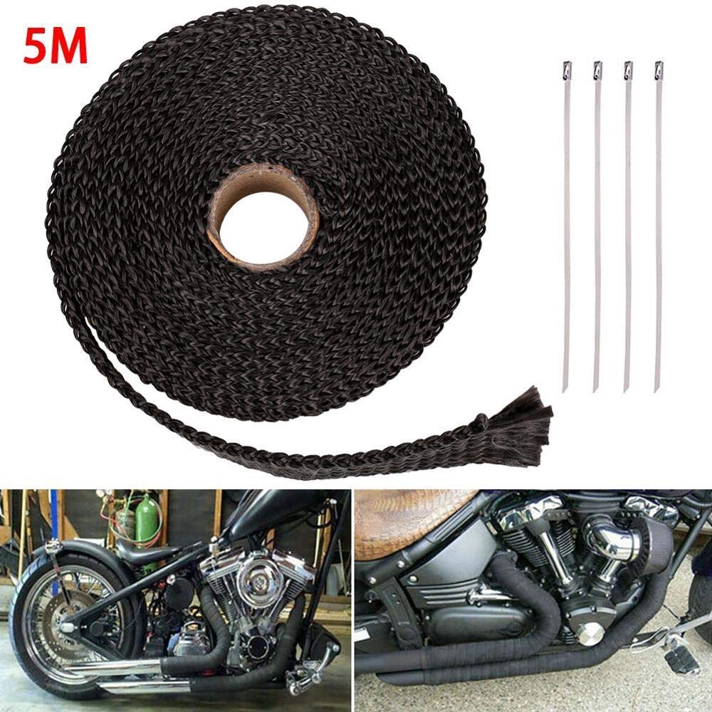 **Aghami 5M Fiberglass Heat Shield Wrap for Motorcycle Exhaust Pipe - Black Thermal Protection Tape with 4 Ties Kit - Perfect for Header Pipe Insulation & Heat Management**    *(Ideal for Motorcycle, ATV, and Automotive Exhaust Systems to Prevent Heat Damage & Improve Performance)*