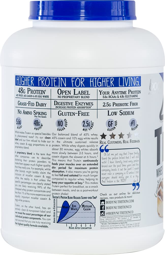 Trutein High Protein Powder - 45% Whey, 45% Casein, 10% Egg White | Gluten Free, Low Sodium, Grass Fed Whey Protein | Gym Supplement & Post Workout Recovery | Breakfast Shake for Weight Management | Cinnabun Flavor, 4lb Bag | Perfect for Bodybuilding, Meal Replacement & Healthy Lifestyle