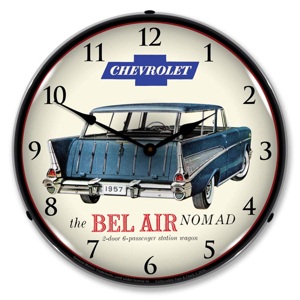 Vintage 1957 Chevrolet Bel Air Nomad LED Wall Clock - 14 Inch Retro Lighted Decor for Man Cave, Garage, or Classic Car Lover's Home