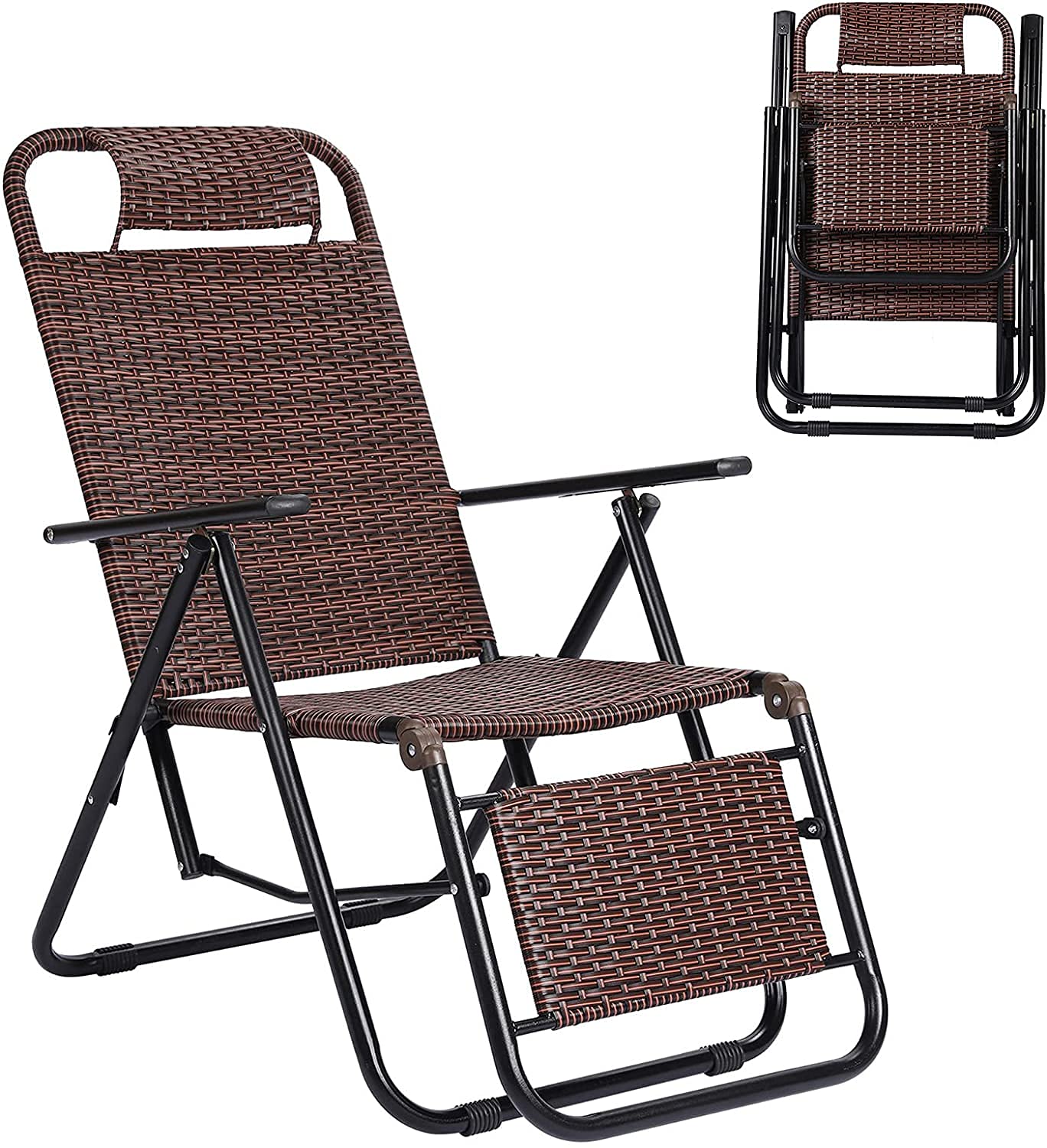 Foldable Patio Recliner Chair - Outdoor Rattan Chaise Lounge with Round Tube Frame - Perfect for Backyard, Poolside & Beach Relaxation (Brown)