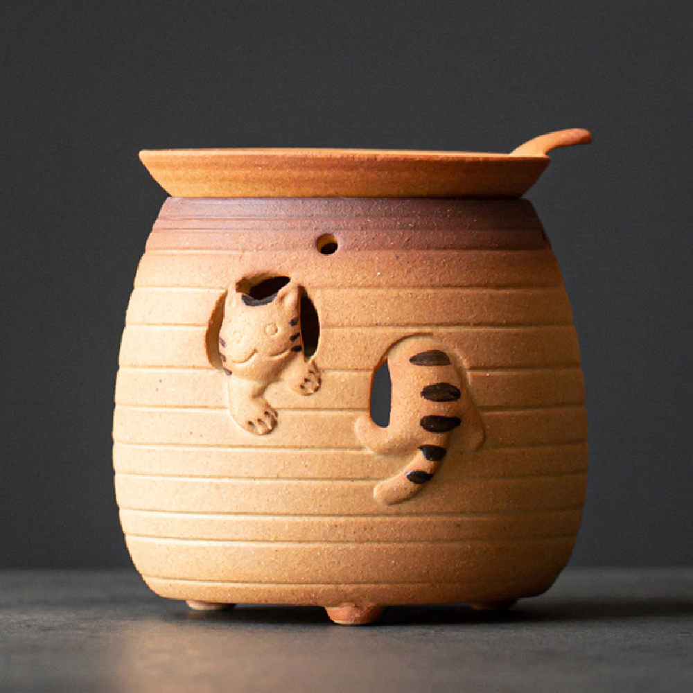 Handmade Coarse Pottery Cat Tea Leaf Stove - Perfect for Brewing Loose Leaf Tea in Home & Garden Decor