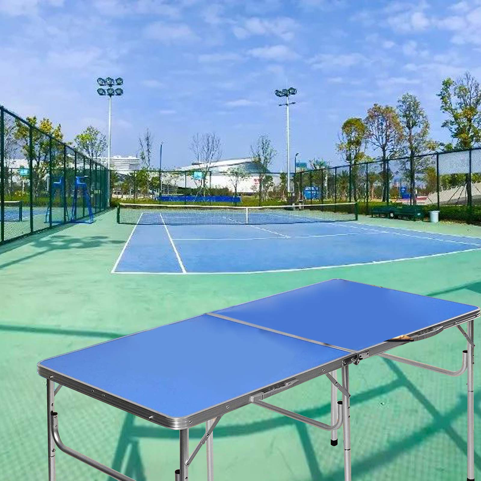 Portable Foldable Ping Pong Table Set with Net, 2 Paddles & 3 Balls - Blue Indoor/Outdoor Tennis Table for Backyard, Garage, Office & Family Game Night | Easy Assembly Compact Design